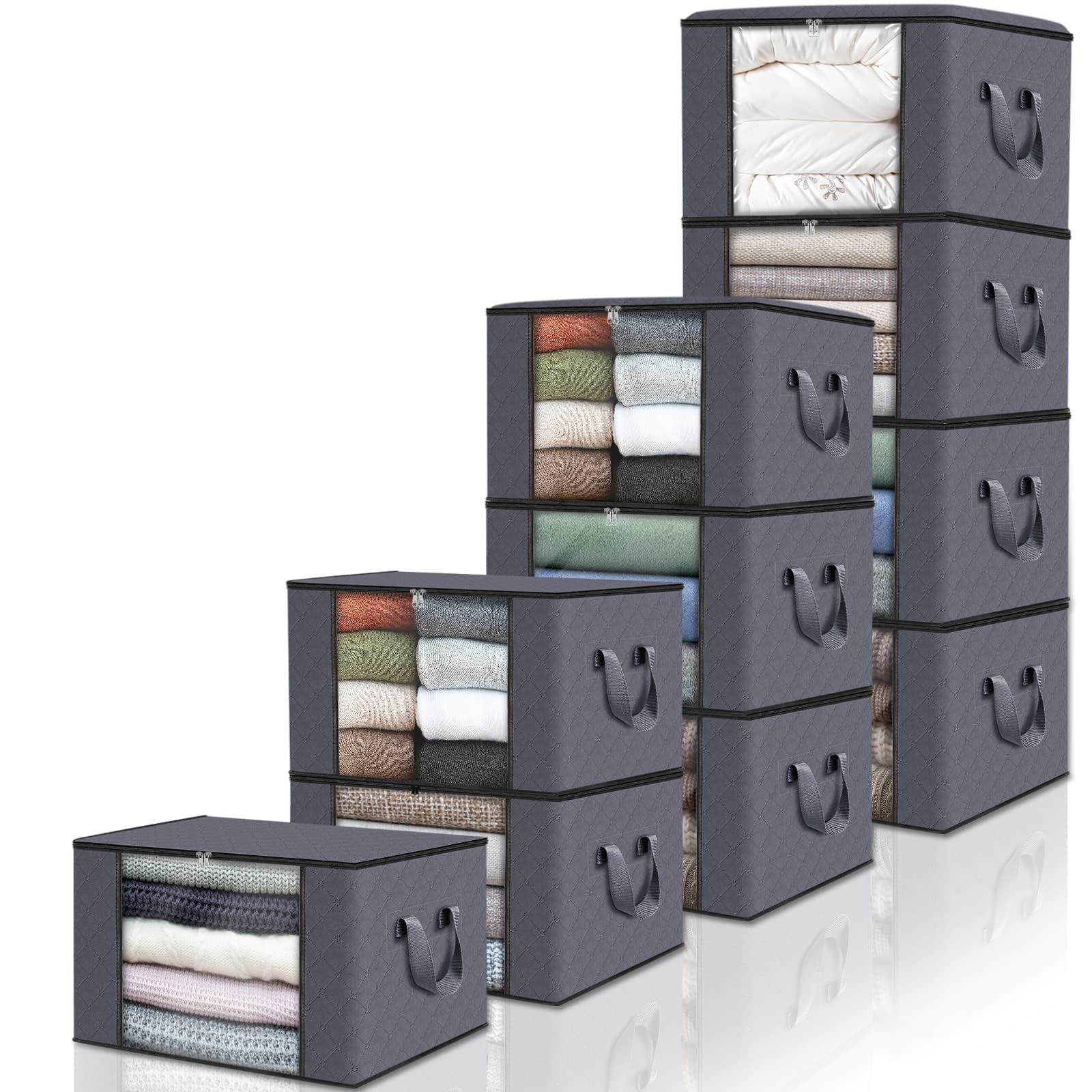 Fab totes 10 Pack Clothes Storage, Foldable Thick Fabric Blanket Storage Bags, Storage Containers for Organizing Bedroom, Closet, Clothing, Comforter, Organization and Storage with Handle,Grey