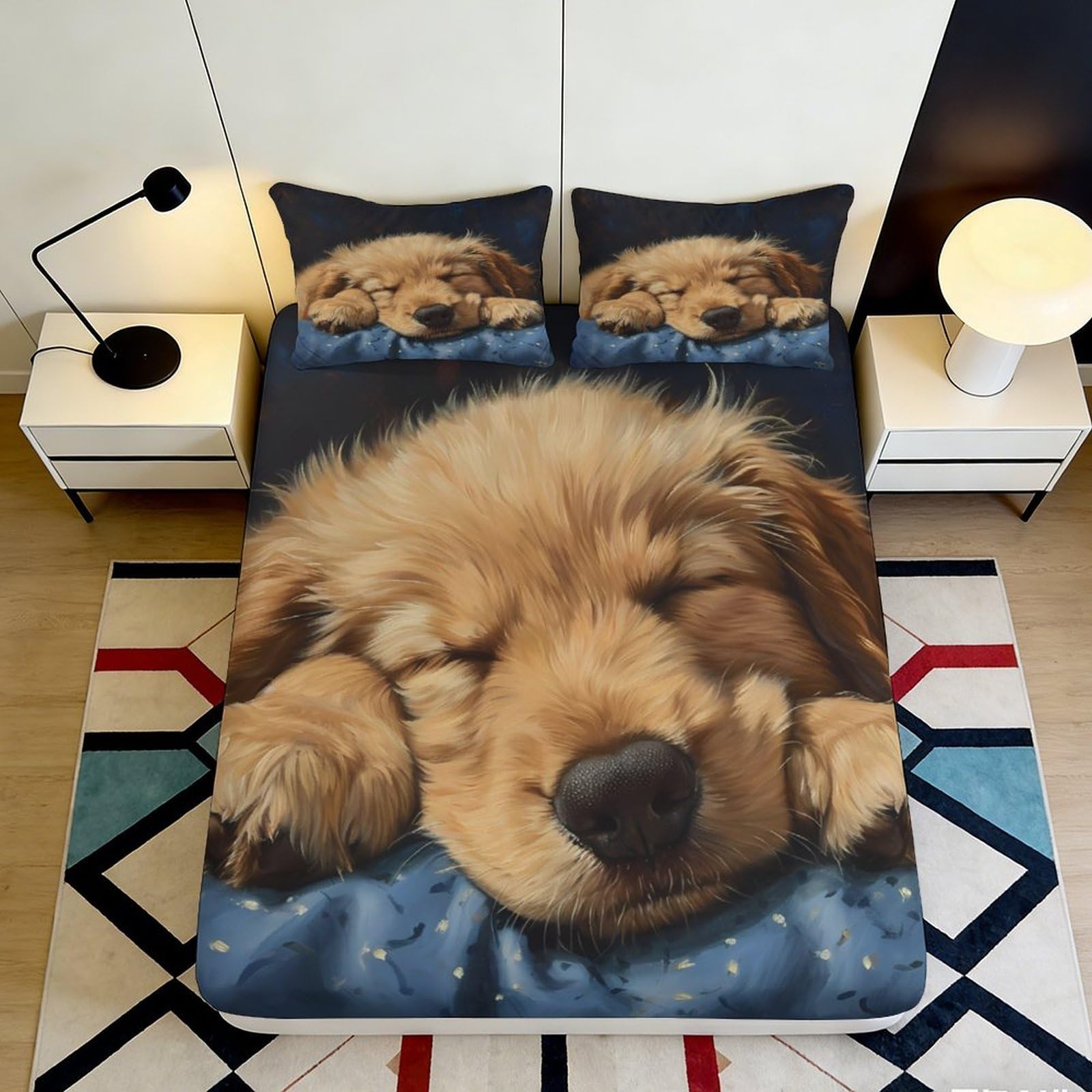 3D Printed Sleeping Dog Fitted Sheet Microfiber Soft Brown Puppy Bed Cover for Bedroom Guest Room Mattress Protection 90x200x25cm