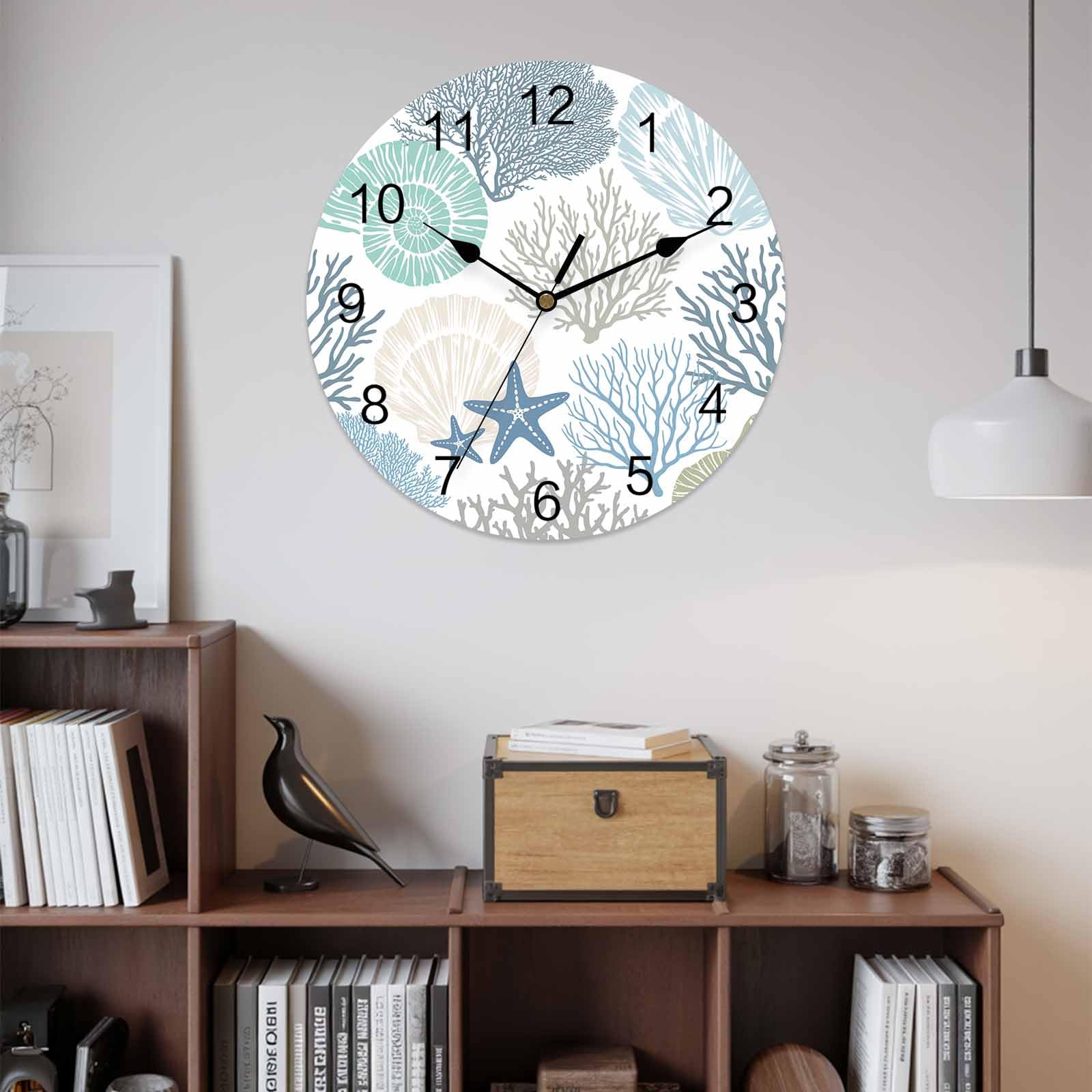 Orologio da parete in PVC con oceano costiero e corallo, silenzioso, senza ticchettio, funzionamento a batteria, orologio rotondo per casa, soggiorno, ufficio, cucina, camera da letto, bagno,