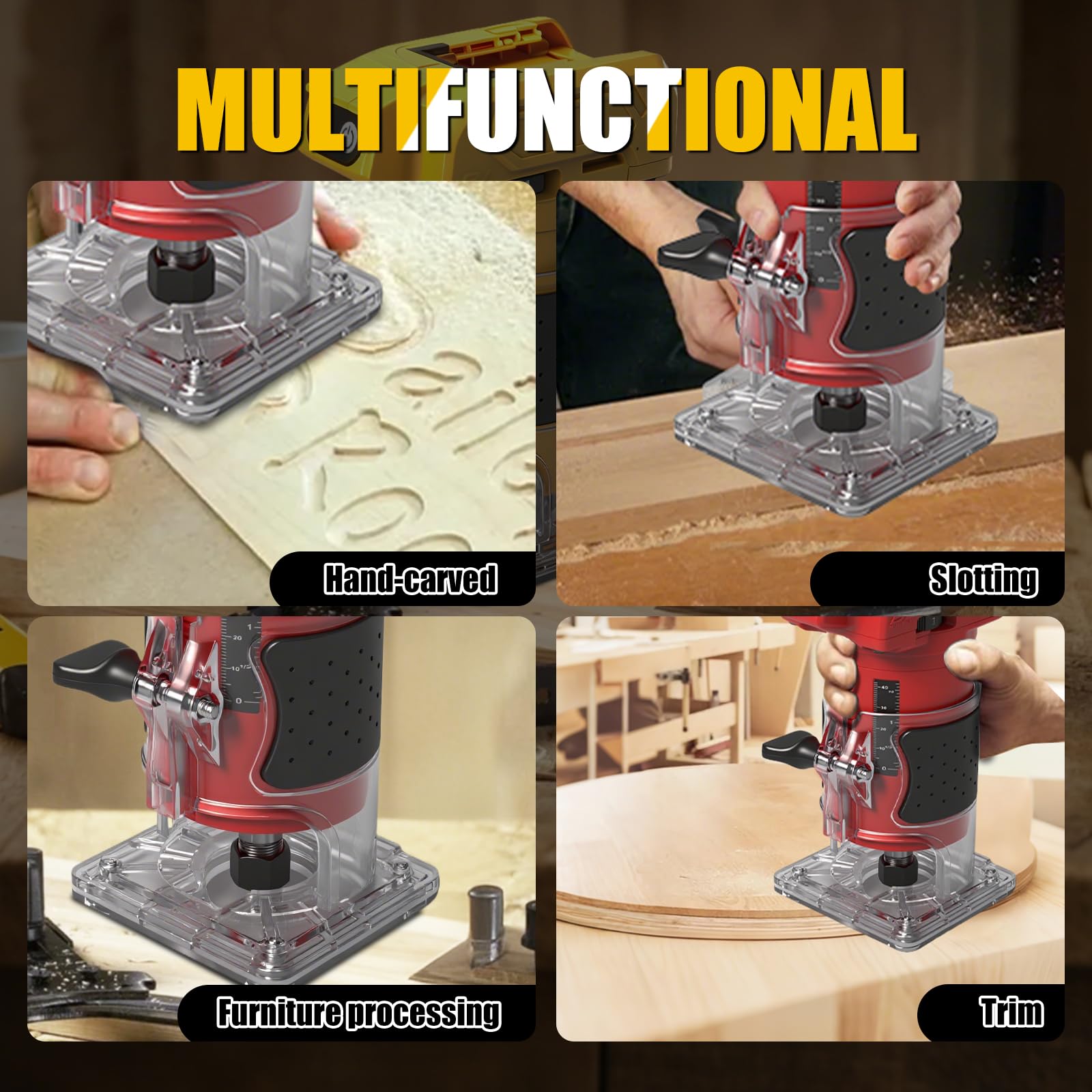 Router cordless compatibile con batteria Milwaukee M 18 V (senza batteria), decespugliatore per legno senza spazzole da 800 W con 10000-30000 giri/min a 5 velocità, guida dritta e 15 punte di