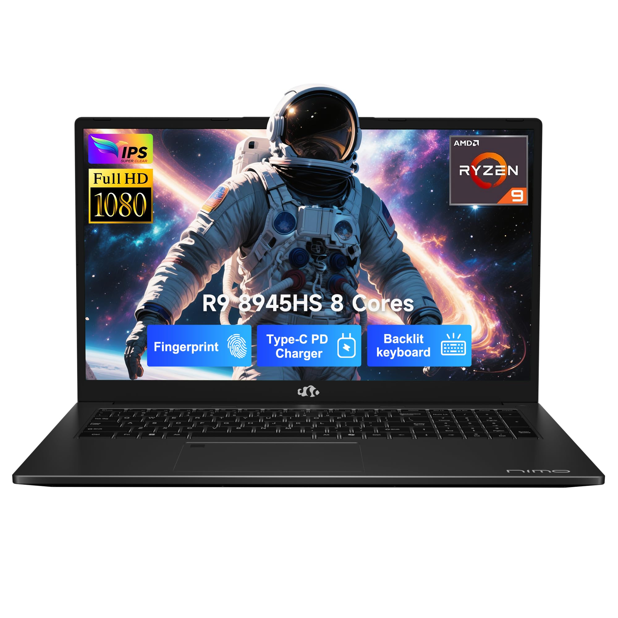 NIMO 17.3 Gaming-Laptop Ryzen 9 8945HS (Beat i9-13900H, Up to 5.2GHz) 16GB RAM, 1TB SSD, Radeon 780M, PD 100W Type-C AI-Enhanced for Copilot VR Ready, Backlit Keyboard, Fingerprint, 75W Battery