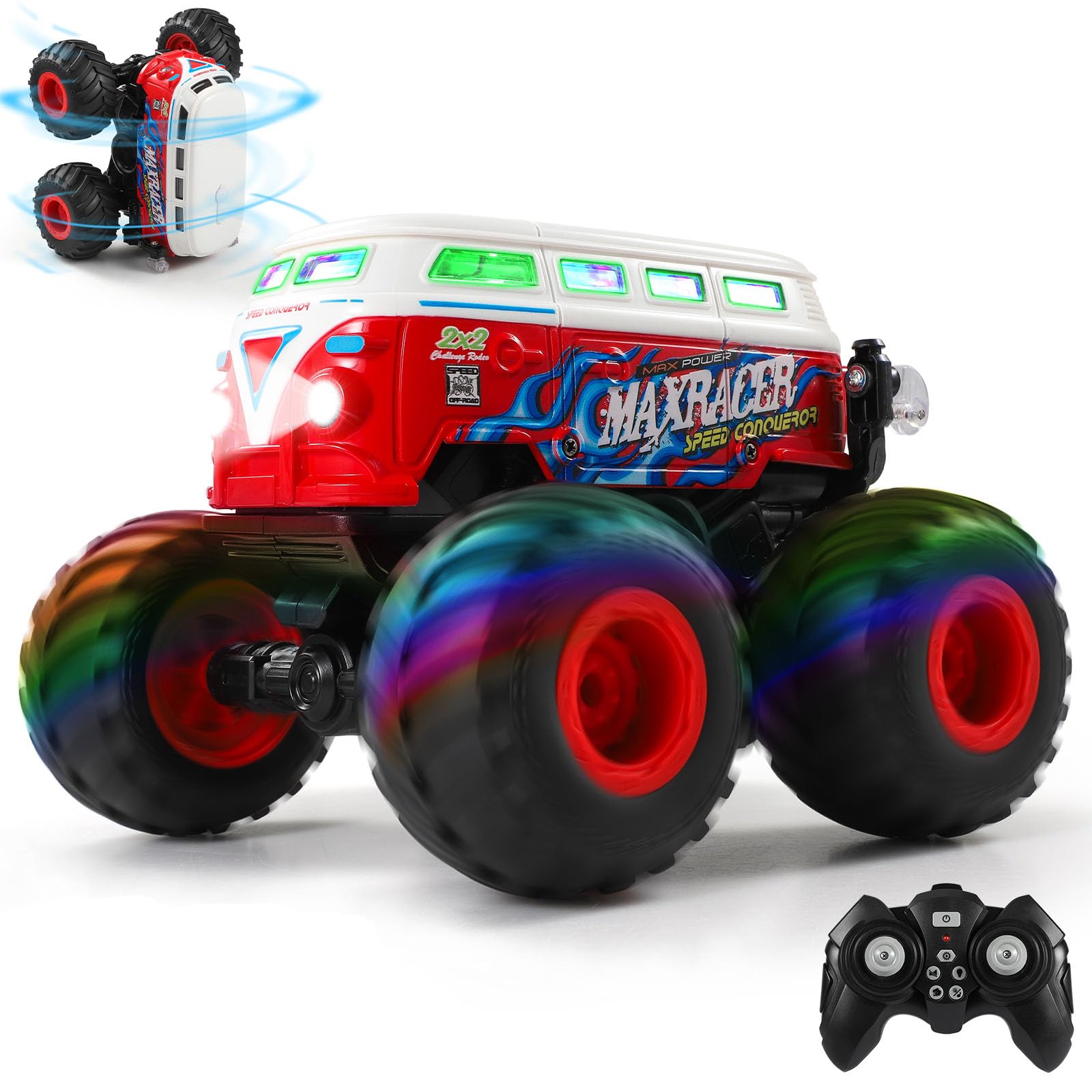 DYODYORC Remote Control Car, 2.4Ghz RC Monster Truck Toys, All Terrain RC Truck with Spray, Music, 3 Lighting Effects, 360 Stunt Capable, All Included Ready to Run, Toy Gifts for Boys and Girl (Red)