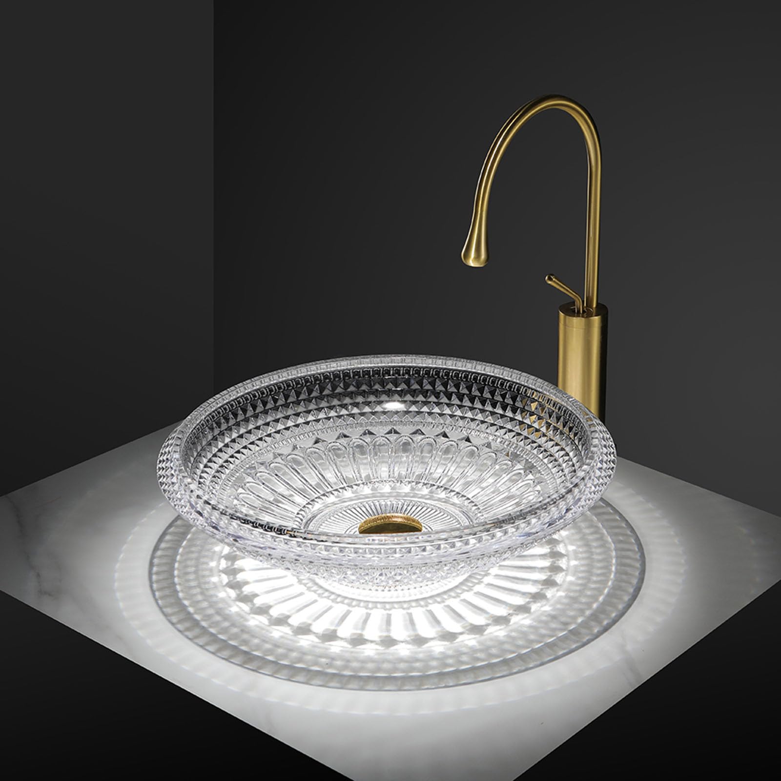Aioneer Vessel Sink Bathroom, 18 Inch Round Glass Sink Bowl, Tempered Glass Vanity Round Bowl With Faucet And Pop Up Drain Combo