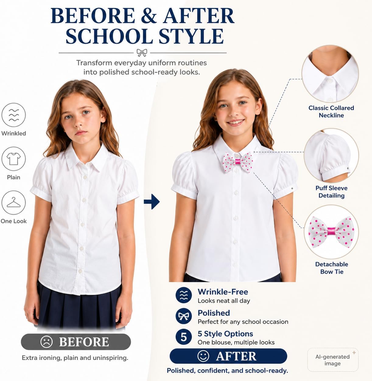 Bienzoe Girls Shirt Short Sleeve: White Button Up Kids School Uniform Cotton Oxford Collar Puff Dress Blouse Bowtie Pack