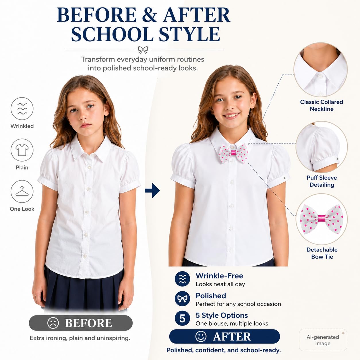 Bienzoe Fille Oxford Manche Courte Chemisier nœud Papillon Pack