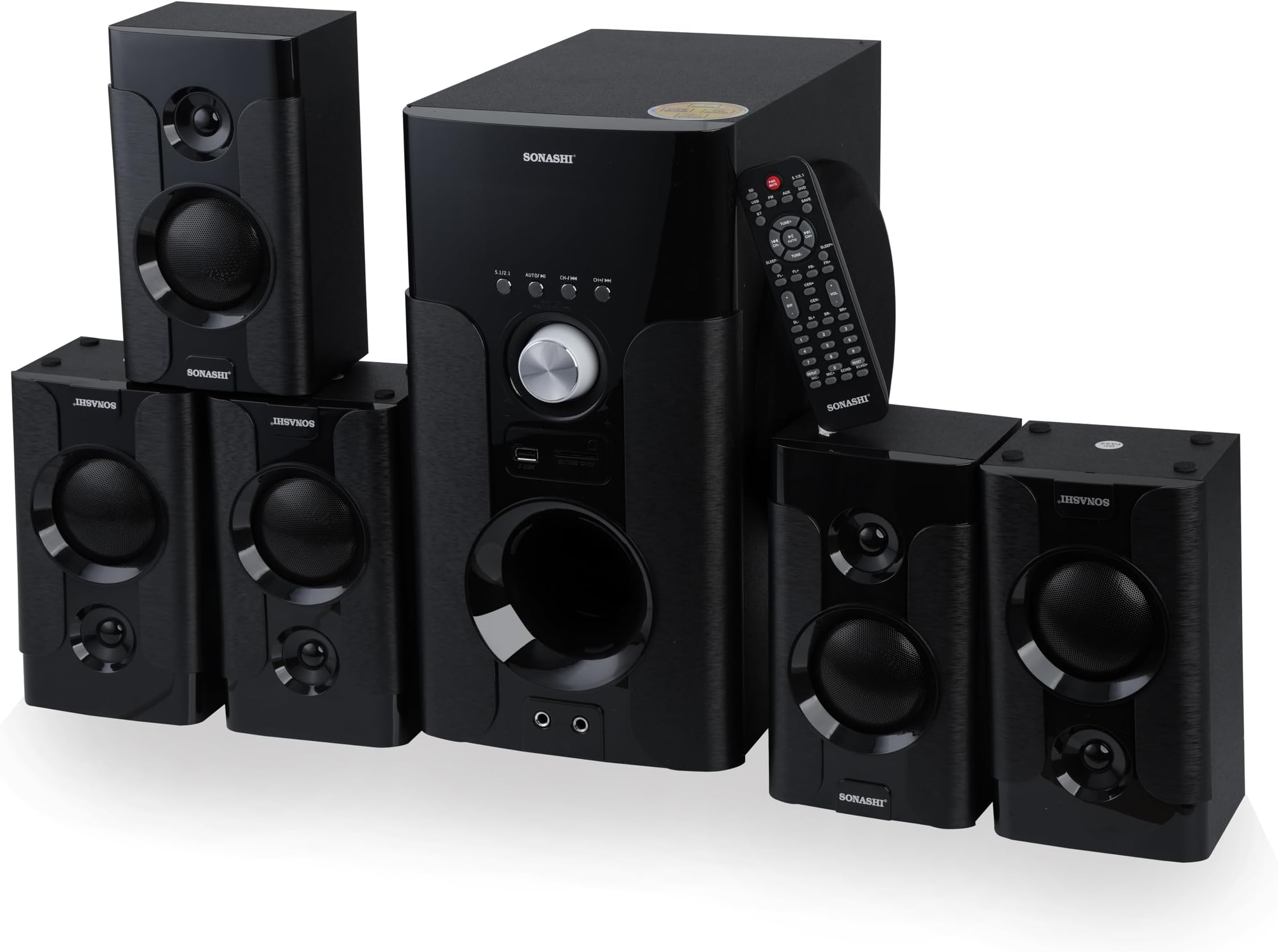 Sonashi 5.1CH Multimedia Bluetooth Speaker, BT Range within 10m, Durable with Subwoofer, SD Slot, FM Radio Function, Speaker for Outdoor and Indoor Parties, SHS-8037USRB Black Speaker Set with Remote