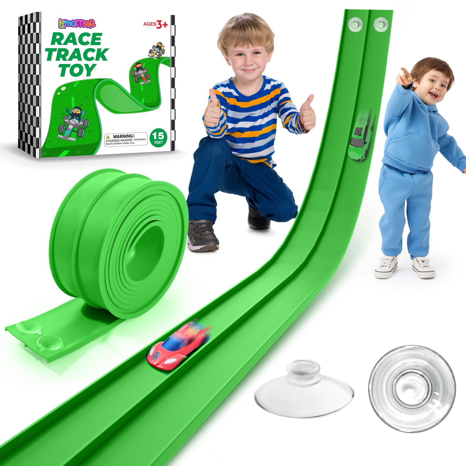 Flexible Race Car Track 15 Ft Starter Set with Suction Cups Compatible with and Diecast 1/64th Car for Ages 3 &amp; Up Classic Green Double Track Long Rolls Up Portable Racetrack Birthday Gifts