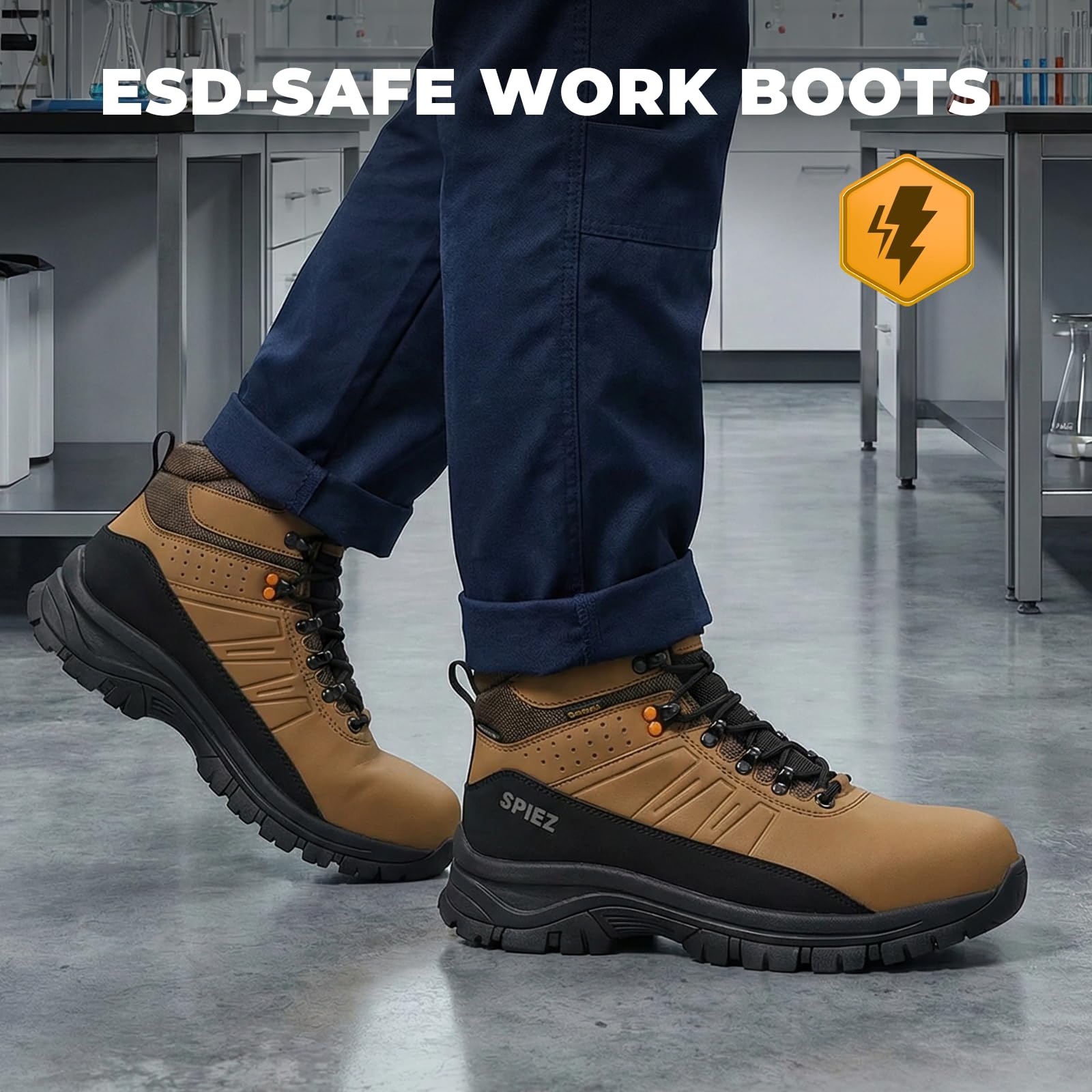 SPIEZ Botas de seguridad para hombre S2 – Zapatos de seguridad ligeros con puntera composite, antideslizantes, resistentes al agua y antiestáticos Marrón, EU 39–46