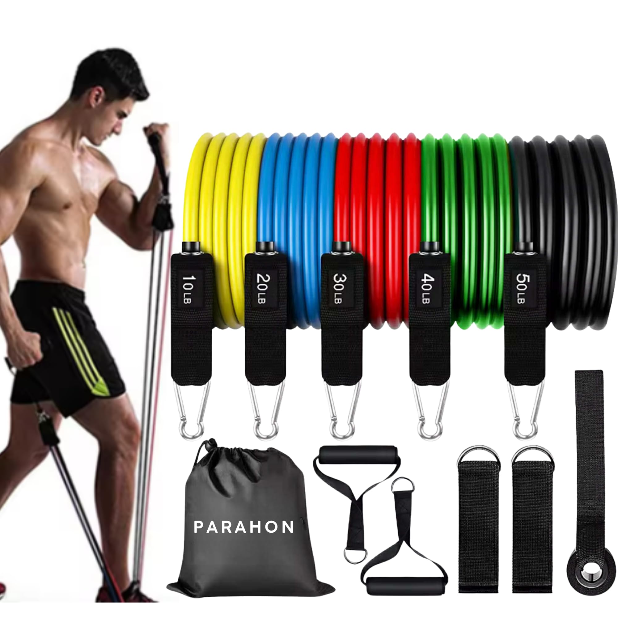 PARAHON Resistance Bands Set with Handles - Resistance Bands set men - Exercise Bands Stackable Up To 150lbs – resistance bands - Full Kit (11Pcs Home Gym Bands & Handle)