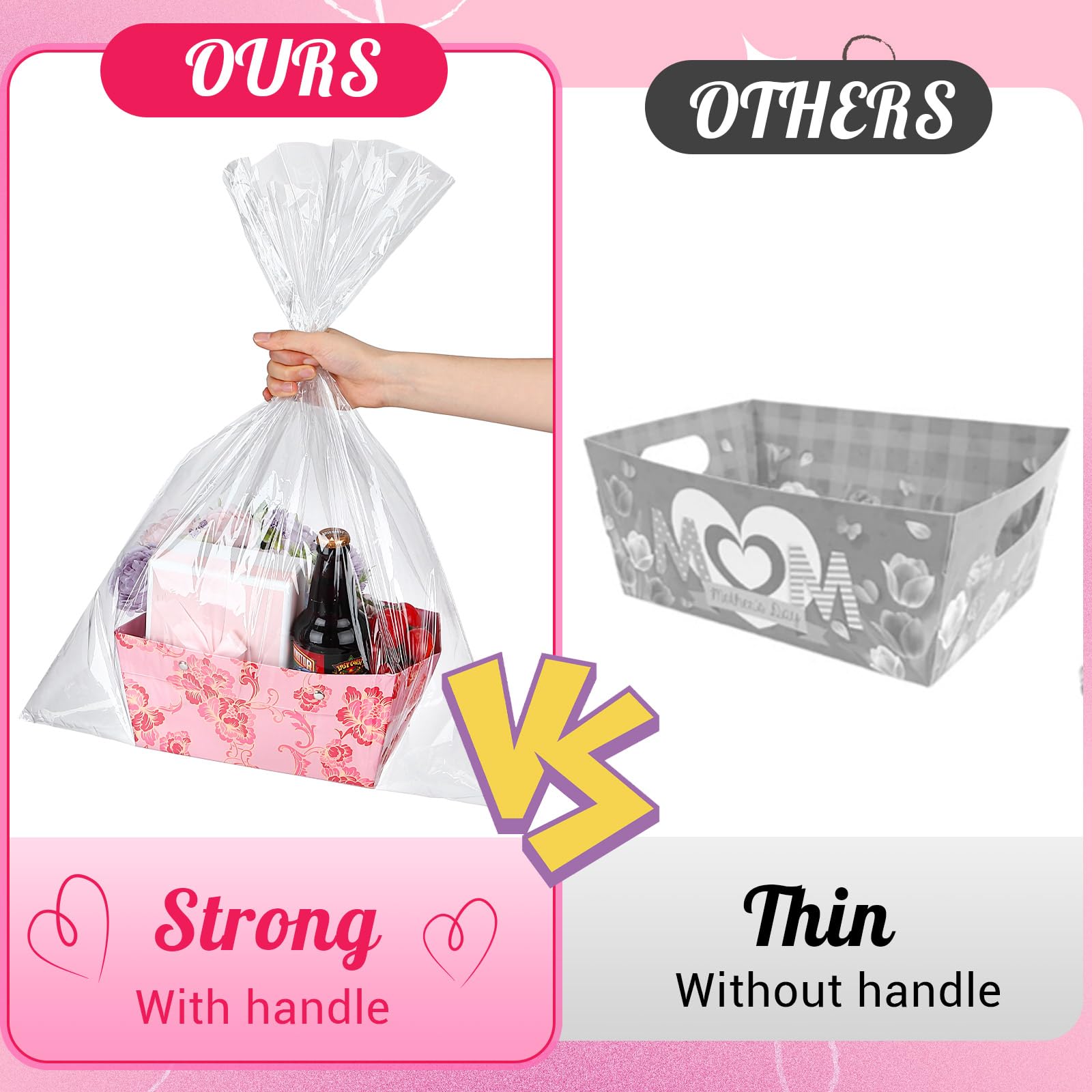 Kolldenn 48 cestas de flores vacías para regalos de 9.8 x 6.5 pulgadas, cesta de regalo floral para llenar caja de ramo resistente con asas, lazos, bolsas de plástico y tarjeta para el día de la