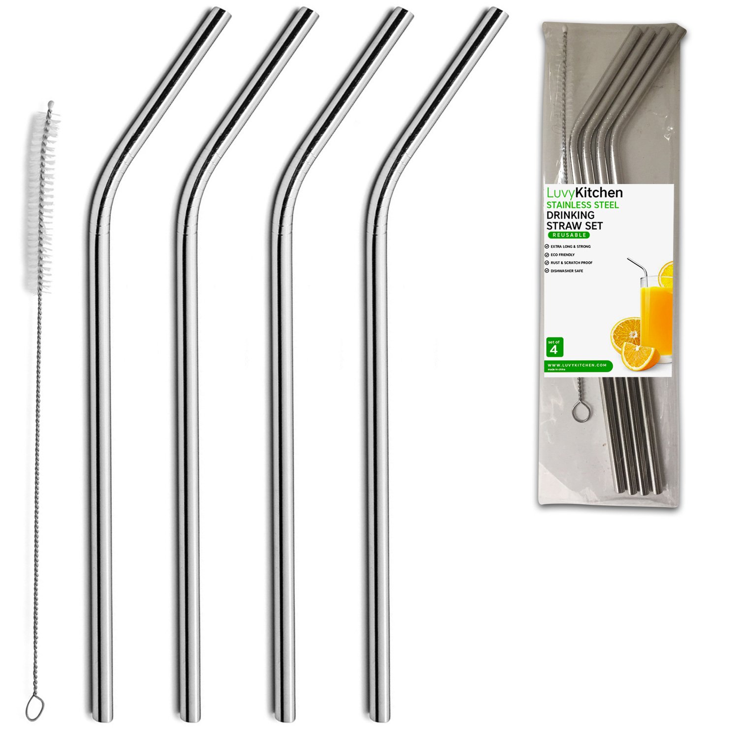 Stainless Steel Drinking Straws, 9.5" Long Length Straw, Set of 4, Free Cleaning Brush Included