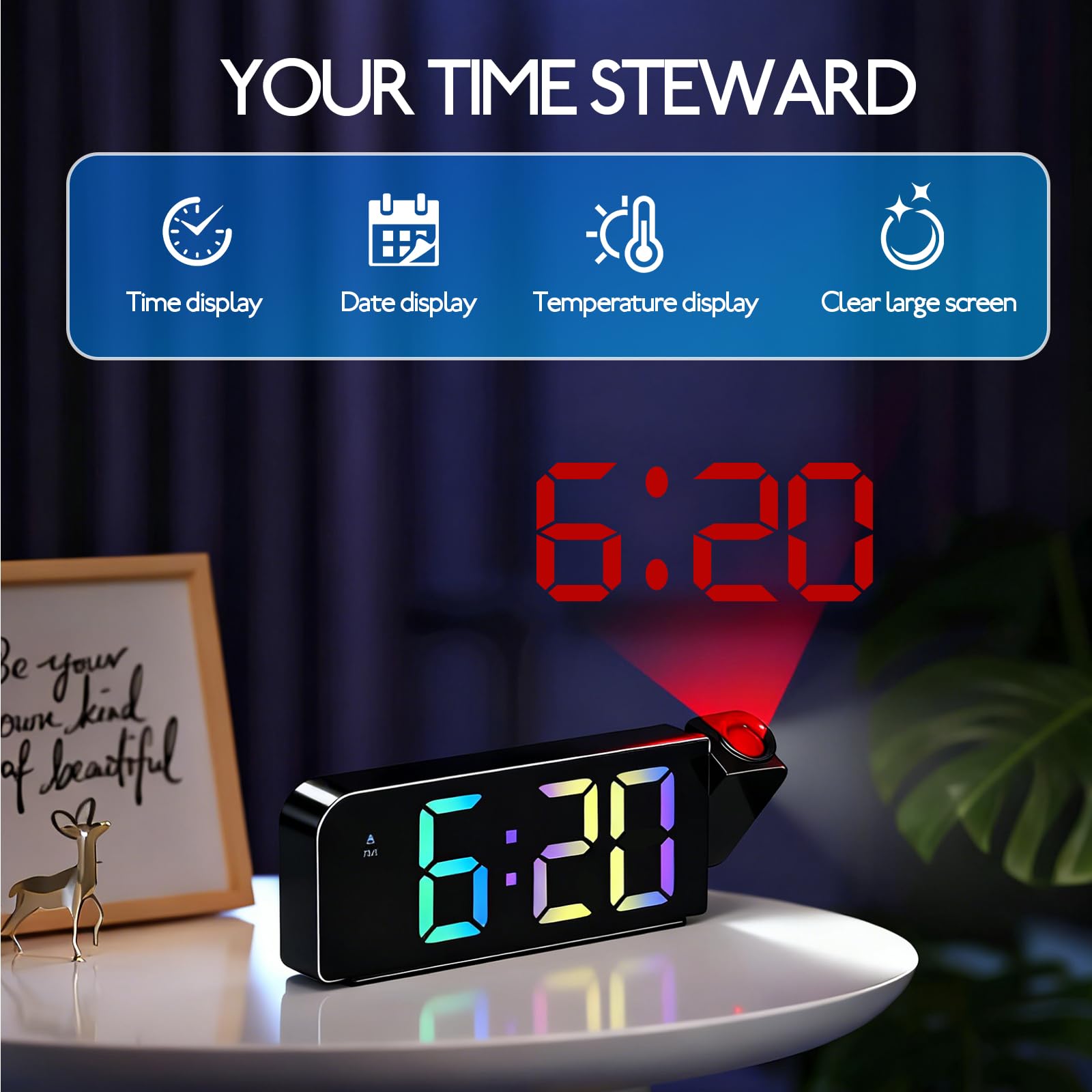 Sveglia con Proiettore Soffitto, Sveglia Digitale da Comodino proiettore girevole a 180°, con Temperatura, Snooze, Luminosità Regolabile, Orologio con Proiezione Ora Soffitto per Camera da Letto