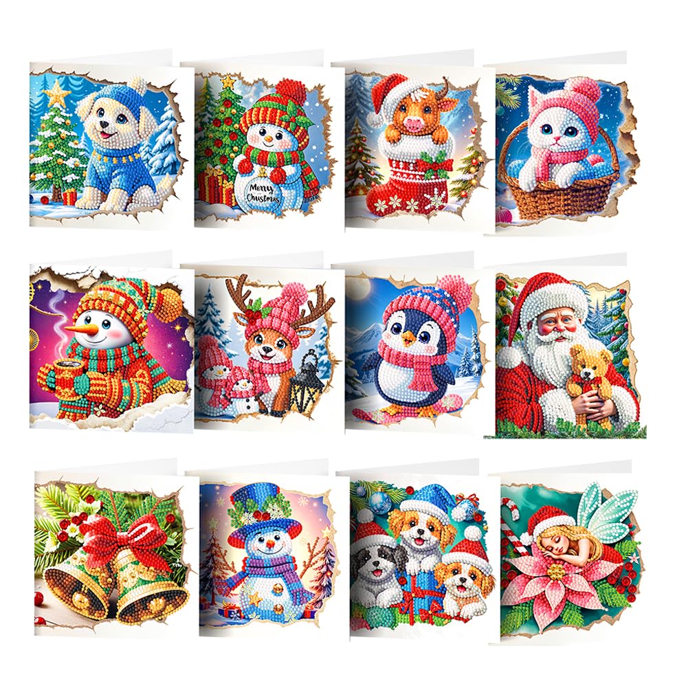 12pcs 5D Diamond Painting Christmas Greeting Cards for Adults, DIY Xmas Print Diamond Painting Card Rhinestone Mosaic Postcards Art Greeting Cards for Families, Friends, fortners