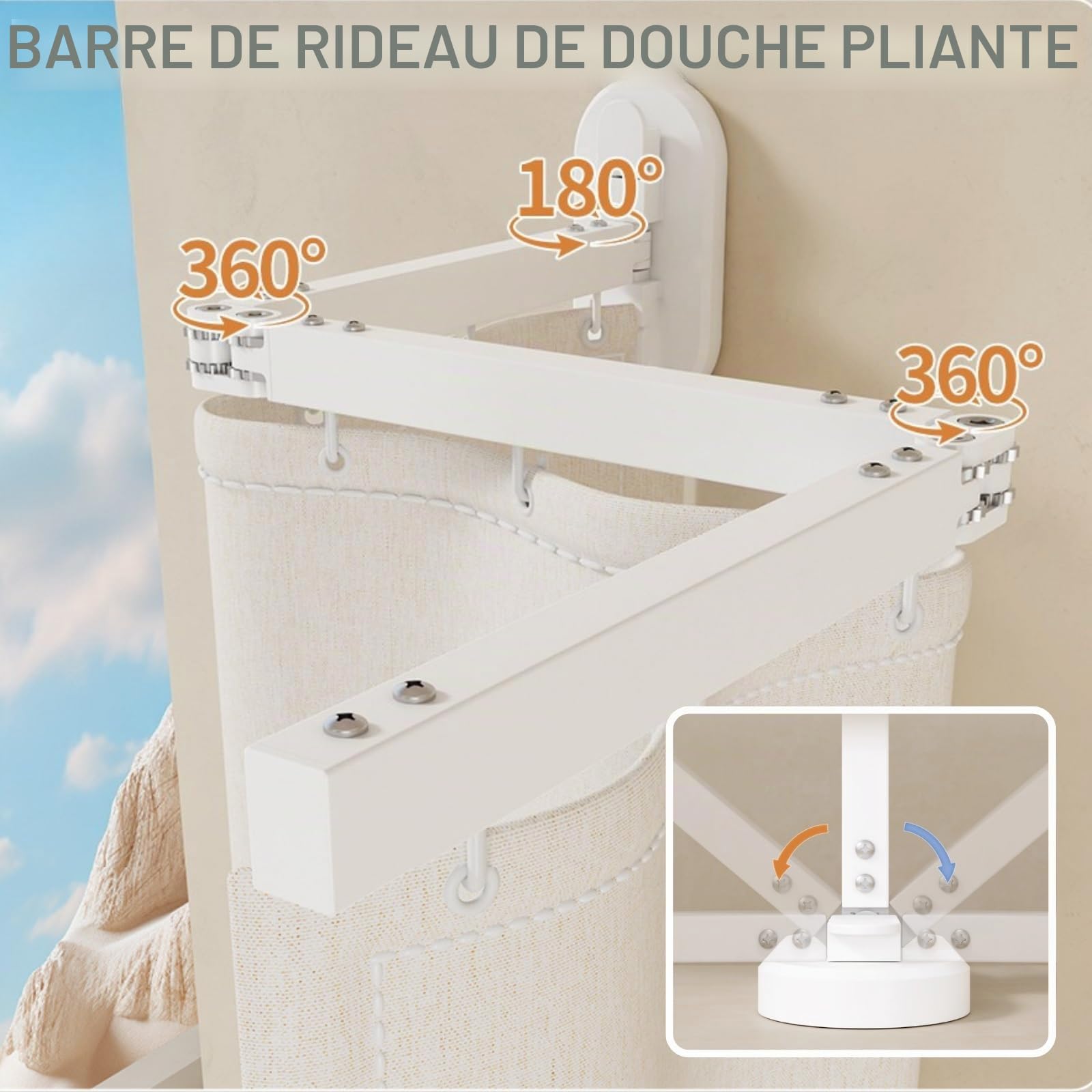 Tringle A Rideau De Douche Angle sans Percage, Tringle À Rideau De Douche Pliable avec Ventouses, Barre De Douche en L Rétractable pour Baignoire De Salle De Bain(Beige,102cm)