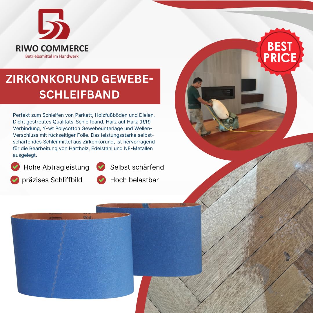 Nastro abrasivo in tessuto di zircone di alta qualità per una superficie efficiente su parquet, adatto per levigatrice a nastro, smerigliatrice – 200 x 750 mm, grana 36 (10 pezzi). Ideale per levigare