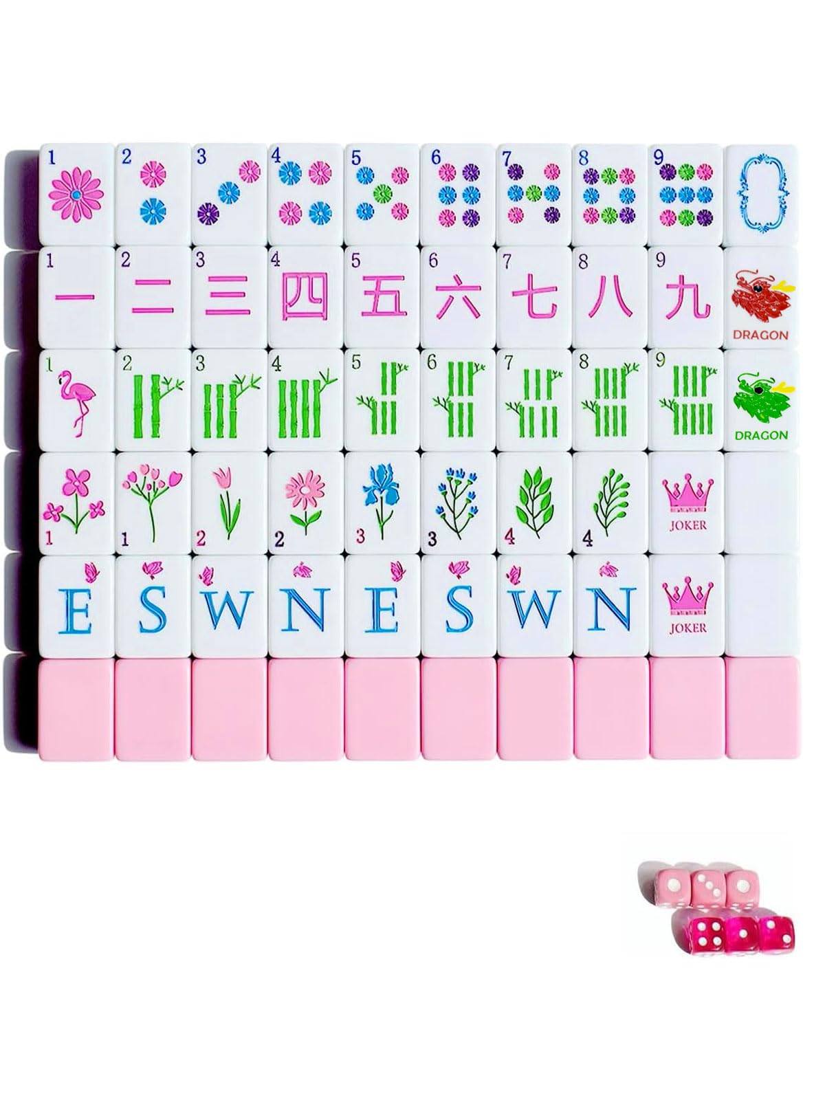 Mahjong zestaw płytek amerykańskich, 160, akrylowe, grawerowane, Mah Jongg, płytki do gry z torbą, 6 kości, akcesoria, prezenty dla początkujących graczy Majong, różowy kwiatowy