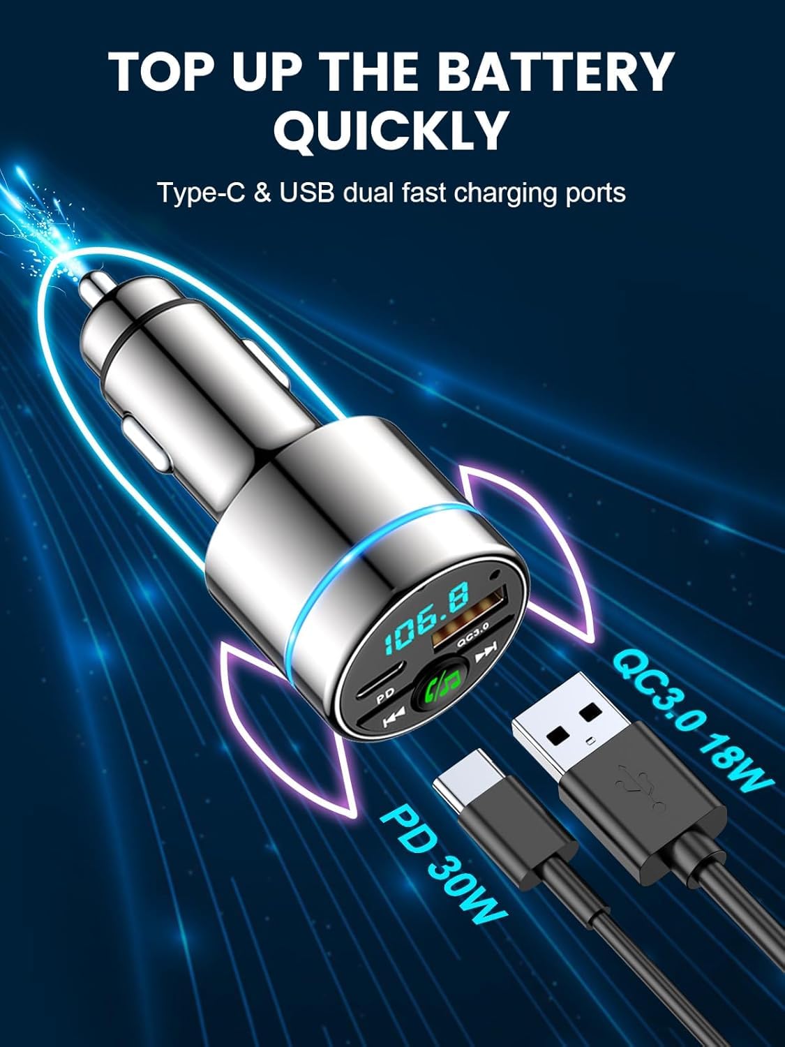 Mohard Nadajnik FM Bluetooth 5.3, całkowicie metalowy samochód Bluetooth, szybka ładowarka samochodowa PD30W typ C+QC3.0, adapter Bluetooth do radia samochodowego, redukcja szumów, połączenie