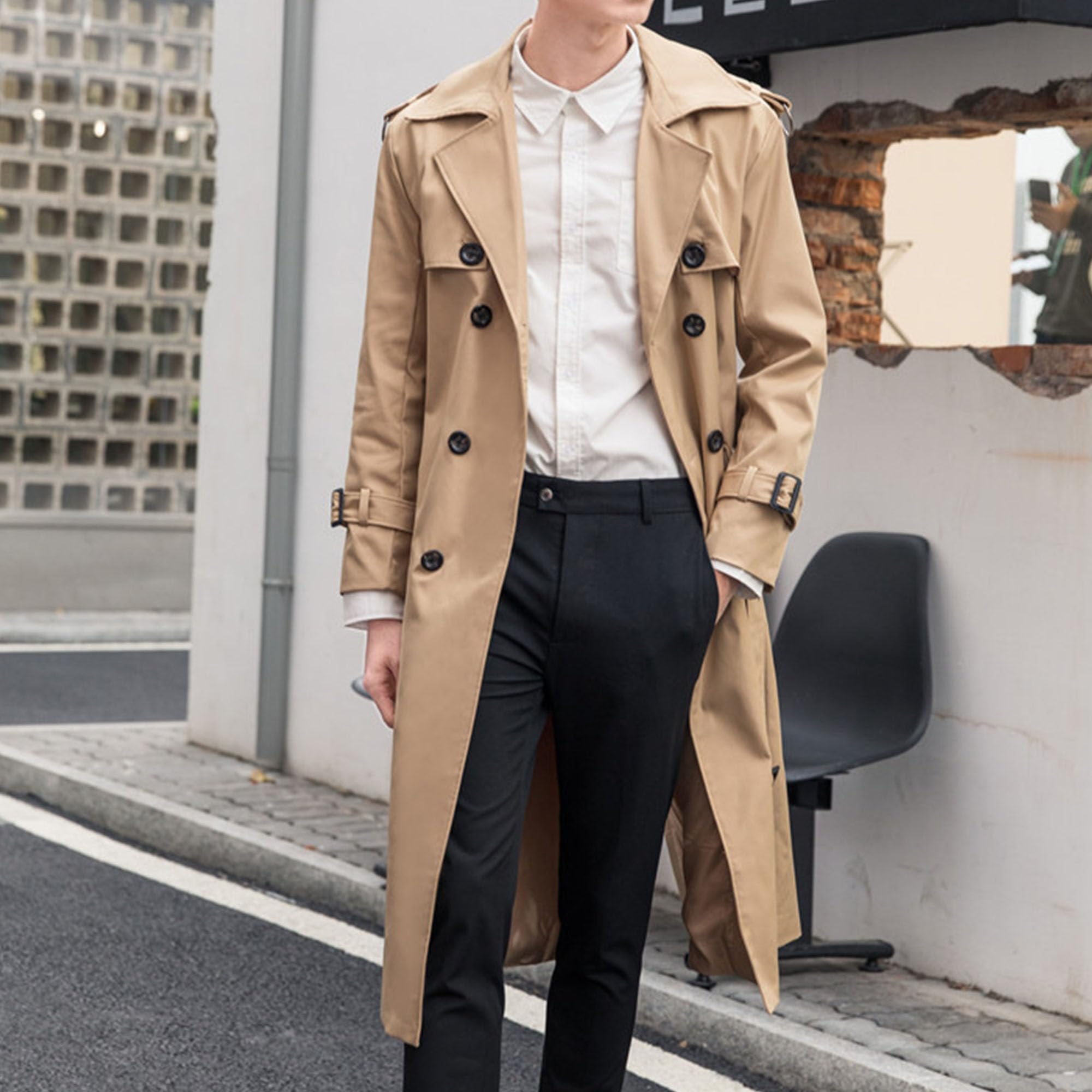 Man's Double Breasted Trench Coat Casual Windbreaker Belted Trench Coat Lapel Long Jacket Overcoat (7X-Large,Khaki)