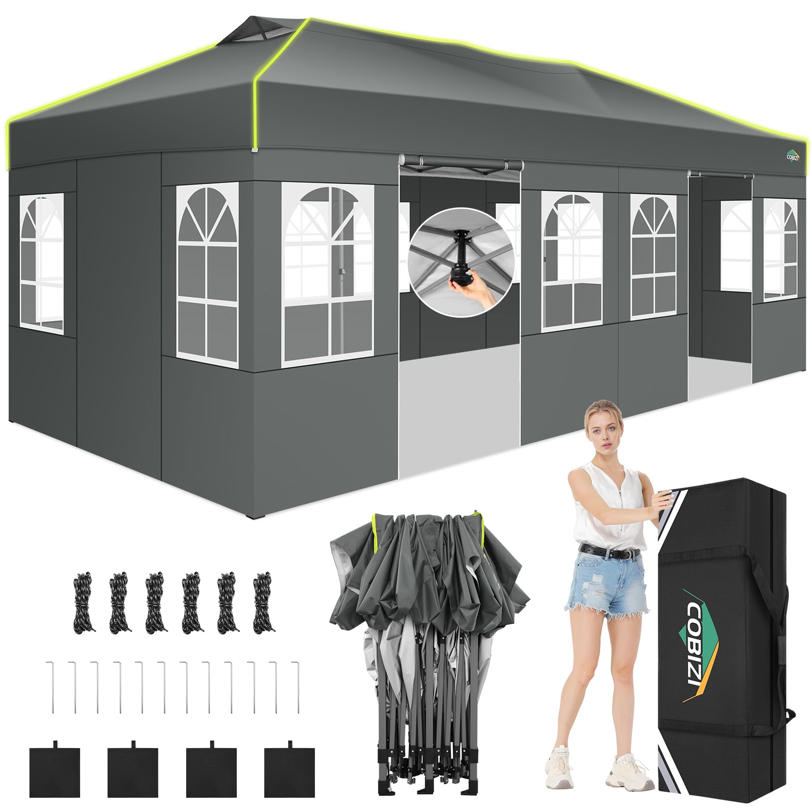 COBIZI 10x20 Pop Up Canopy Tent, Outdoor Party Tent with 6 Sidewall One Push Setup Glow, 3 Adjustable Height Air Vent Waterproof UPF50+, Bag, 4 Sandbag, 6 Stake, 12 Rope for Beach, Commercial