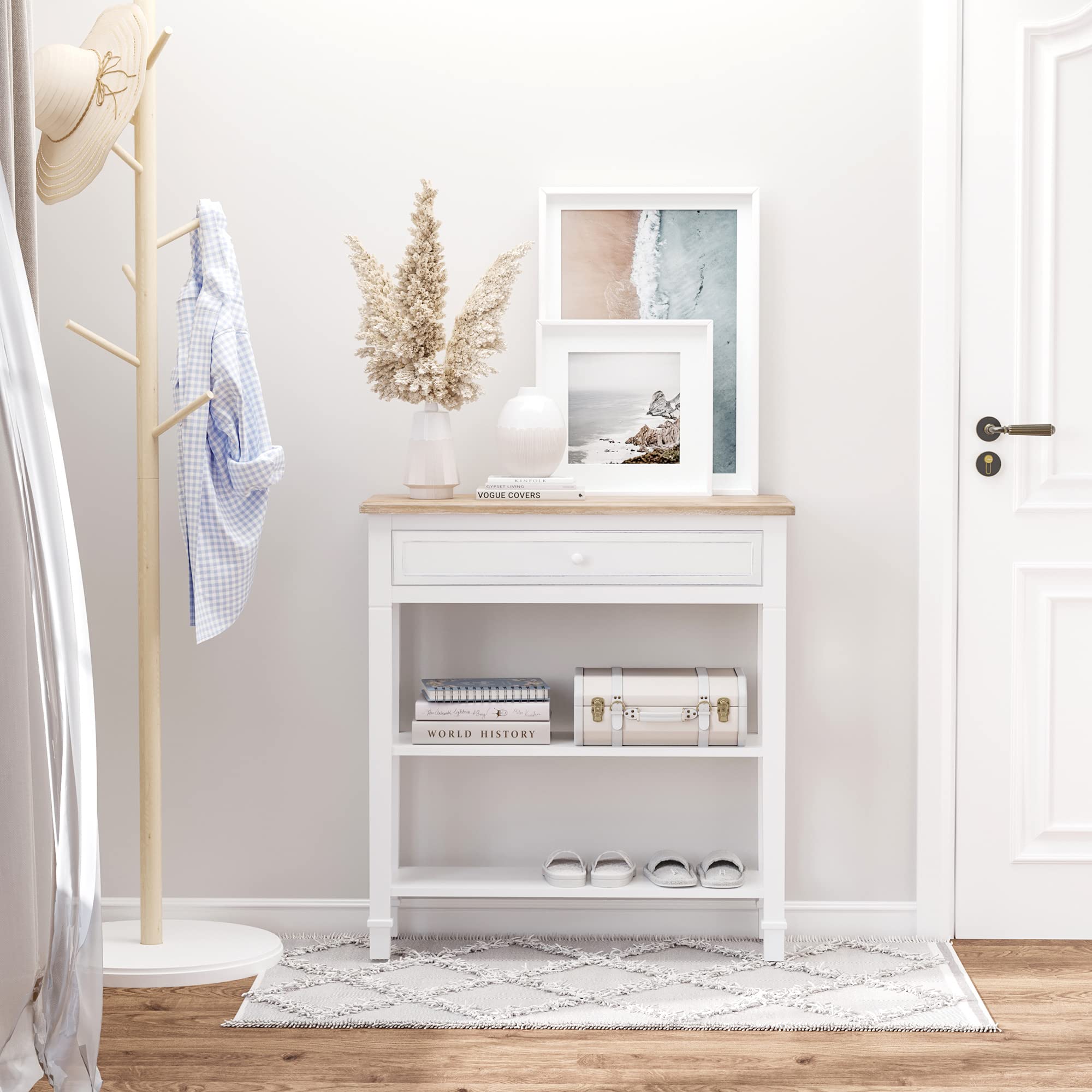 HOMCOM Mesa de Consola Multifuncional Recibidor 75,6x27,5x80,5 cm Blanco | Mesa Auxiliar, para Sala Pasillo Comedor, 2 Estantes, 1 Cajón Extraíble, Manija, Estilo Retro, Pino, Madera Natural