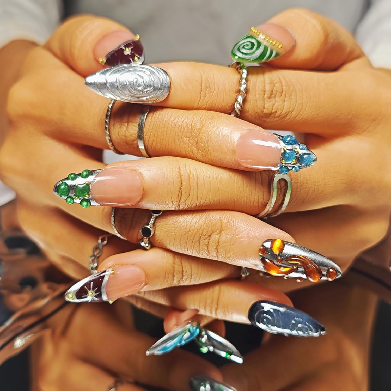 Handmade Press On Nails Almond, 3D Press On Nails Medium, Rhinestone Silver Chrome Nails Winter For Women Gift, Reusable Stick On Fake Nails Kit With Nail Glue(Gilded Shadows, M)
