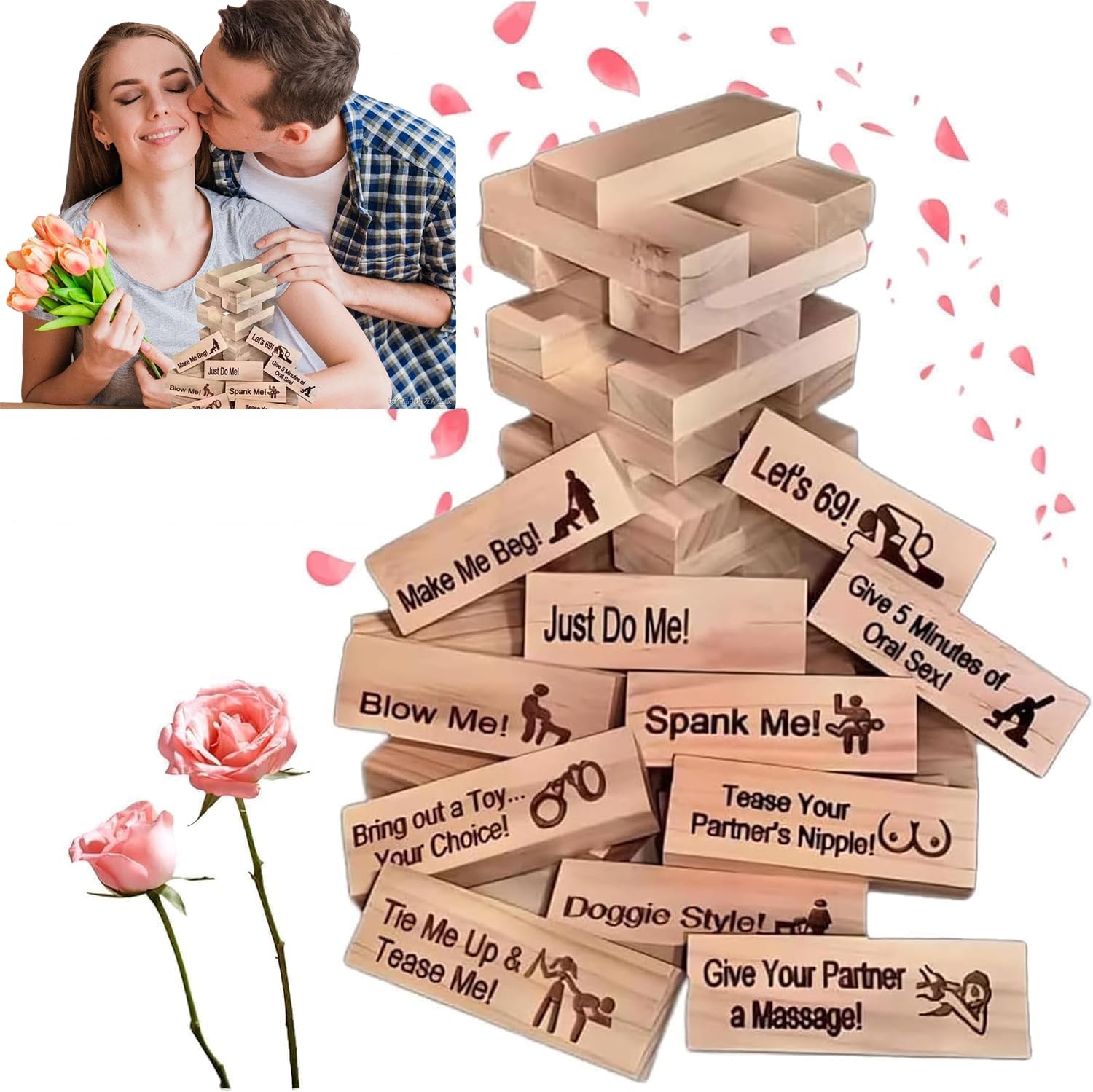 48Pcs Super Naughty Block Tower Game, Valentine Tumbling Tower Stacking Blocks Game, Couples Date Night Games, for Adults Night Party Game Gift