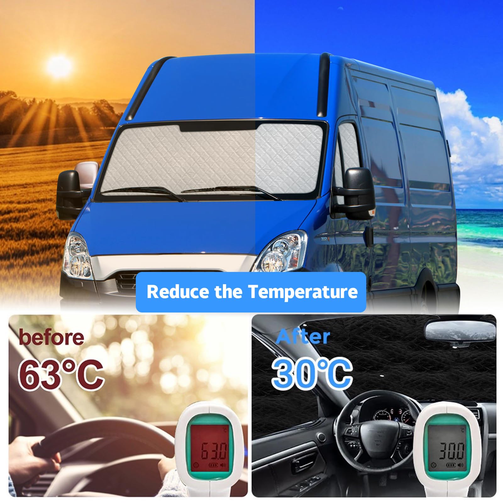 Tapis Thermique Voiture Remplacement pour Iveco Daily 1999-2014 3 Pièces, Protection Solaire Pare-Brise, Ensemble de Pare-Soleil Pliable, Doublure Noire
