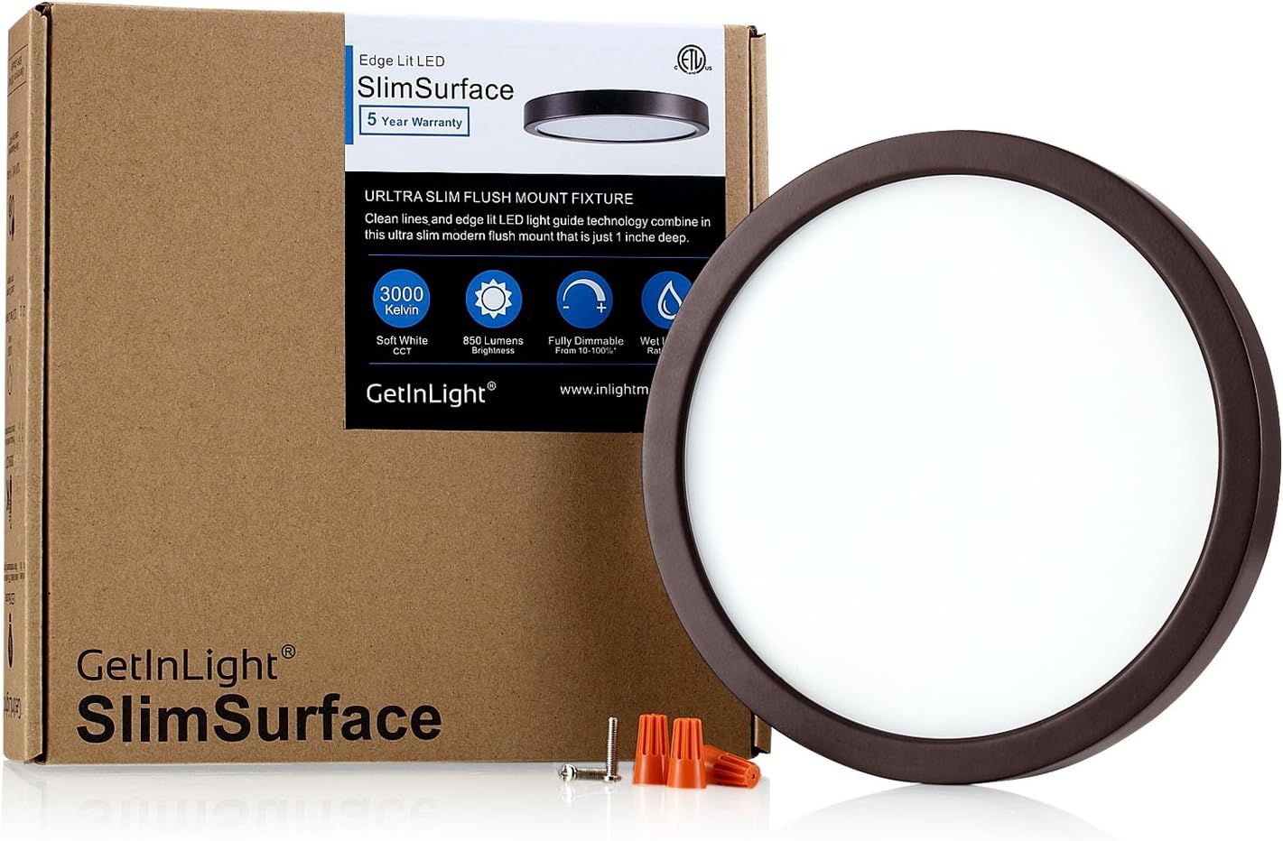 GETINLIGHT Round 8-inch Dimmable Flush Mount Ceiling Fixture, (2nd Generation), 14 Watt, Bronze Finish, 3000K Soft White, 80W Replacement, Damp Location Rated, ETL Listed, IN-0306-2-BZ