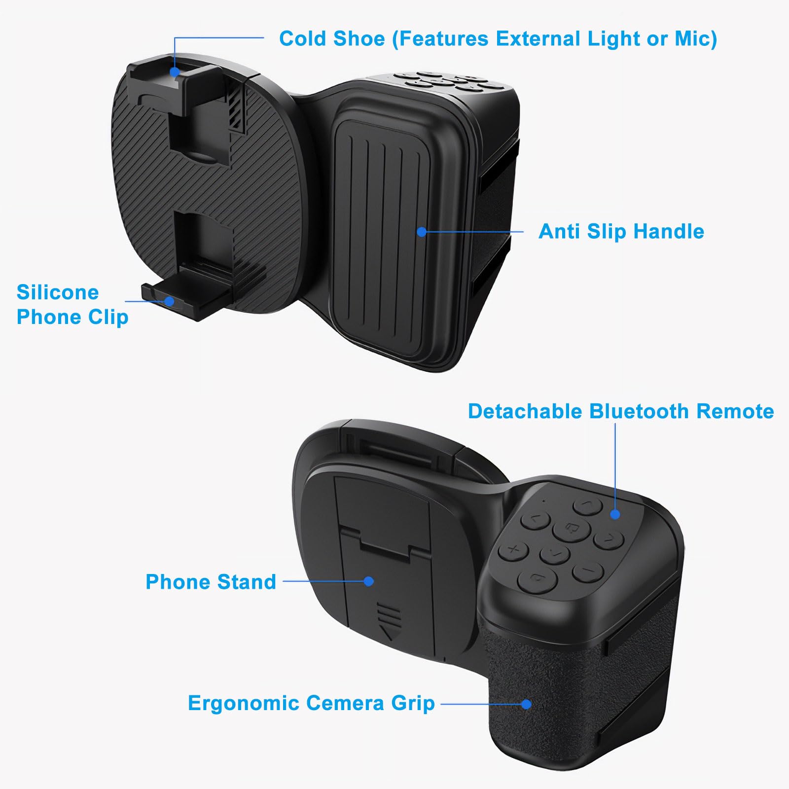 Poignée d'appareil photo pour téléphone avec anneau lumineux et télécommande Bluetooth amovible, déclencheur à distance TikTok, griffe pour lumière/micro, compatible avec iPhone et téléphone Android