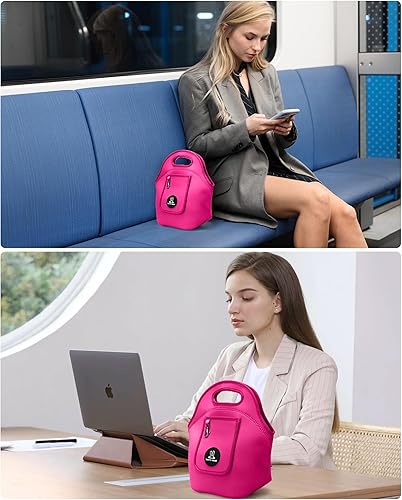 Vista 5 de Sports Rabbit Lonchera térmica de neopreno para mujer, bolsa de almuerzo plegable con bolsillo frontal para teléfono y llaves, reutilizable, ligera