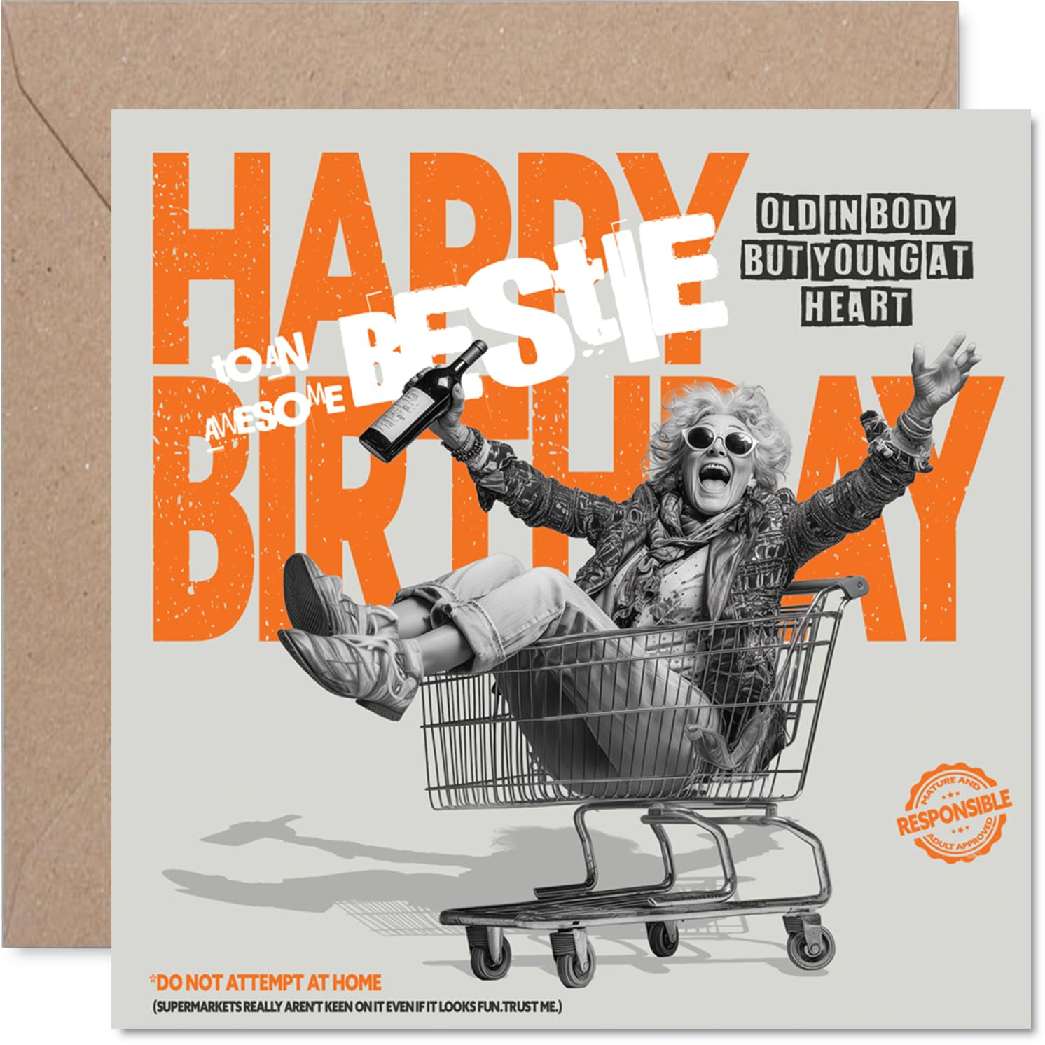 Funny Birthday Card for Bestie - Young at Heart Antics - Elderly Lady Joyriding in a Shopping Trolley Cartoon - 145mm Square, Envelope Included