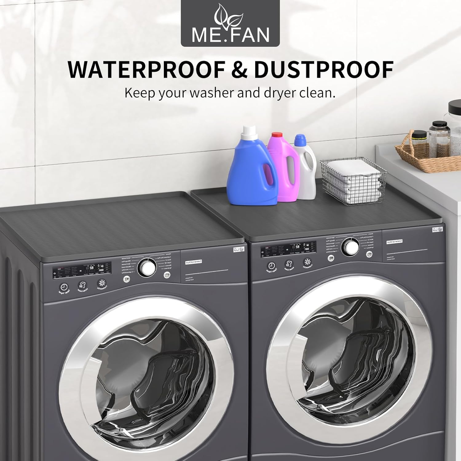 ME.FAN 2PCS 25.6''x 23.6'' Washer and Dryer Covers for the Top, Silicone Washer Dryer Top Protector Mat, Non Slip Silicone Countertop Mat for Laundry/Kitchen - Dark Grey