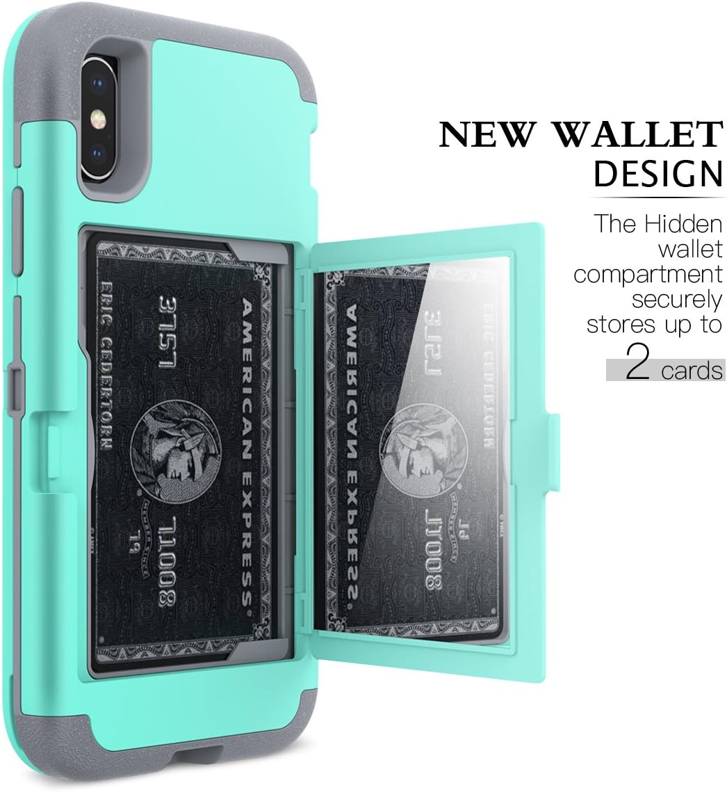 WeLoveCase iPhone X/XS Wallet Case Defender Wallet Design with Hidden Back Mirror and Card Holder 3 in 1 Hybrid Heavy Duty Protection Shockproof Armor Protective Case for iPhone X/XS - Mint