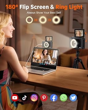 W & O Digital Camera for Teens,Y2K CCD Kids Digital Camera with 32G SD Card,180 Flip Screen Camera for Photography Vlogging with Fill Light, Point and Shoot Digital Cameras for Beginner(Black)