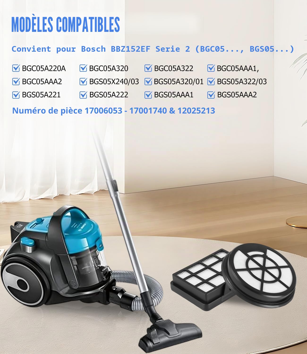 Filtre pour Bosch BBZ152EF Serie 2 Aspirateur BGC05A220A, BGC05A320, BGC05A322, BGC05AAA1, BGS05A221, BGS05A222, BGS05AAA2, BGS05A220 - Pièces de Rechange pour Aspirateur Amazon Basics VCS35B15KC-70