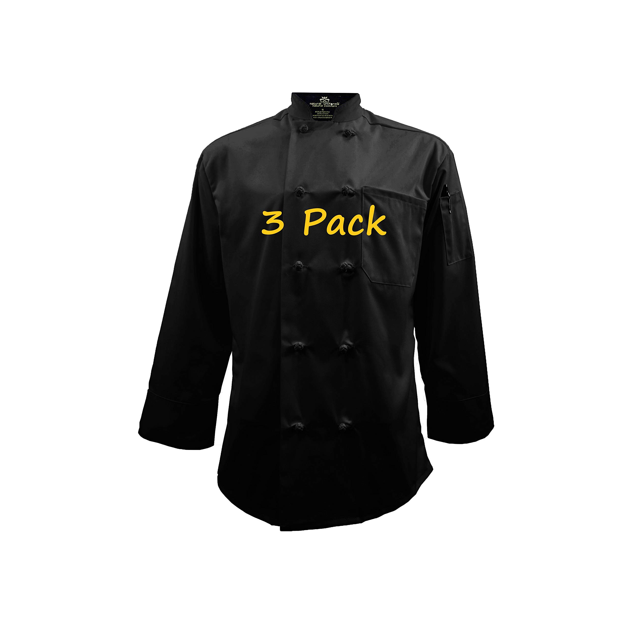 Chef Apparel Knot Button Chef Coat with Thermometer Pocket (X-Large, 3 Pack Black)