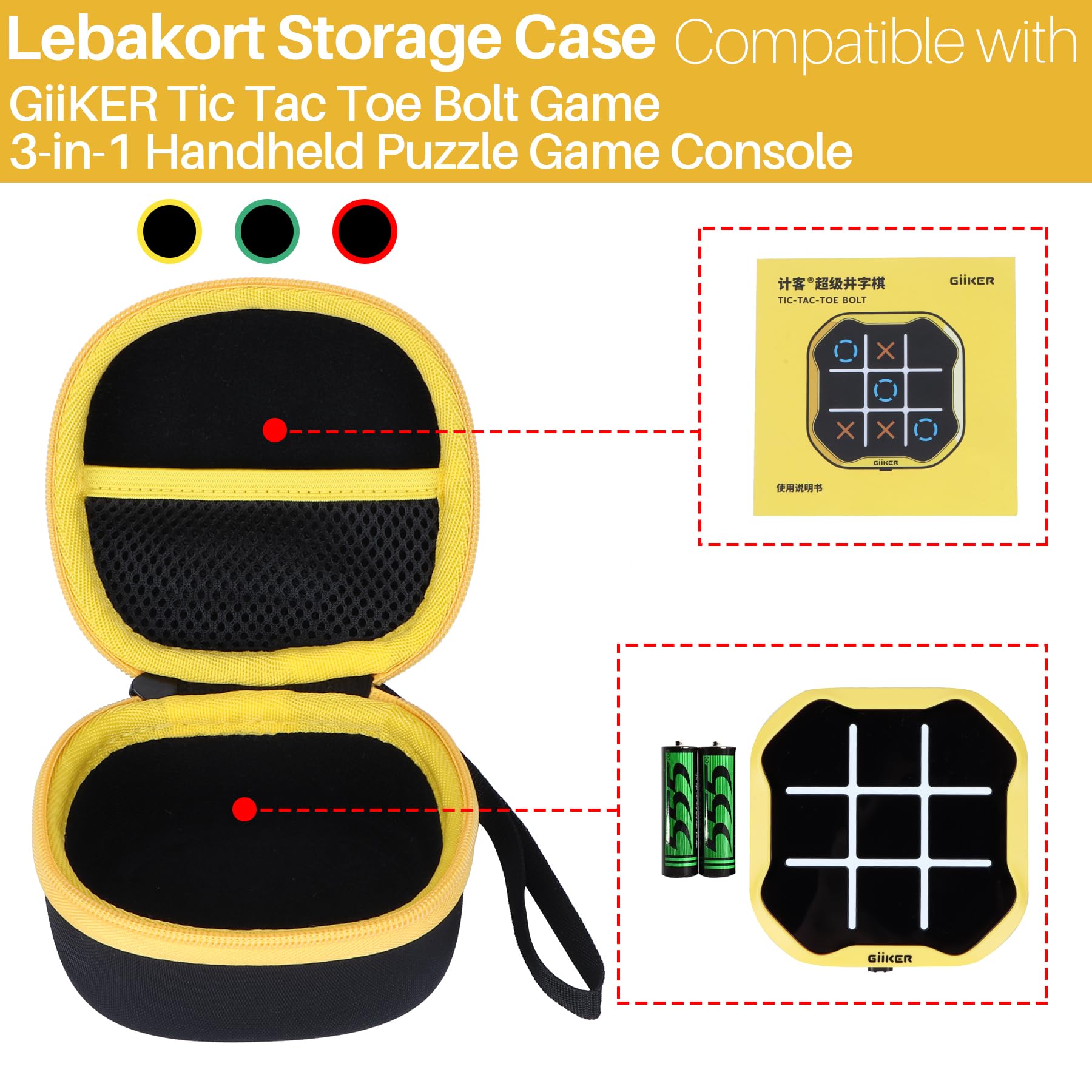 Lebakort Storage Case Compatible with GiiKER Tic Tac Toe Bolt Game 3-in-1 Handheld Puzzle Game Console Fidget Toys Board Games for Kids and Adults (Black + Yellow Case) - Image 3
