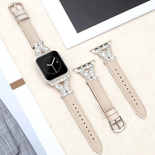 Miniatura 5 de JR.DM Correas de reloj de cuero para mujer, compatibles con Apple Watch de 1.65, 1.73, 1.77, 1.77 y 1.73 pulgadas, conector de mariposa brillante,