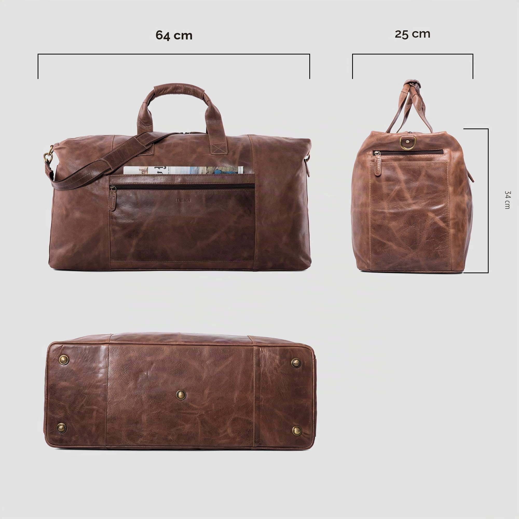 LEABAGS Leder Weekender Damen & Herren I Echtleder Premium Reisetasche I 55 l Sporttasche I Duffle Travel Gym Bag I Sporttasche I Trainingstasche I Tasche Flugzeug I groß