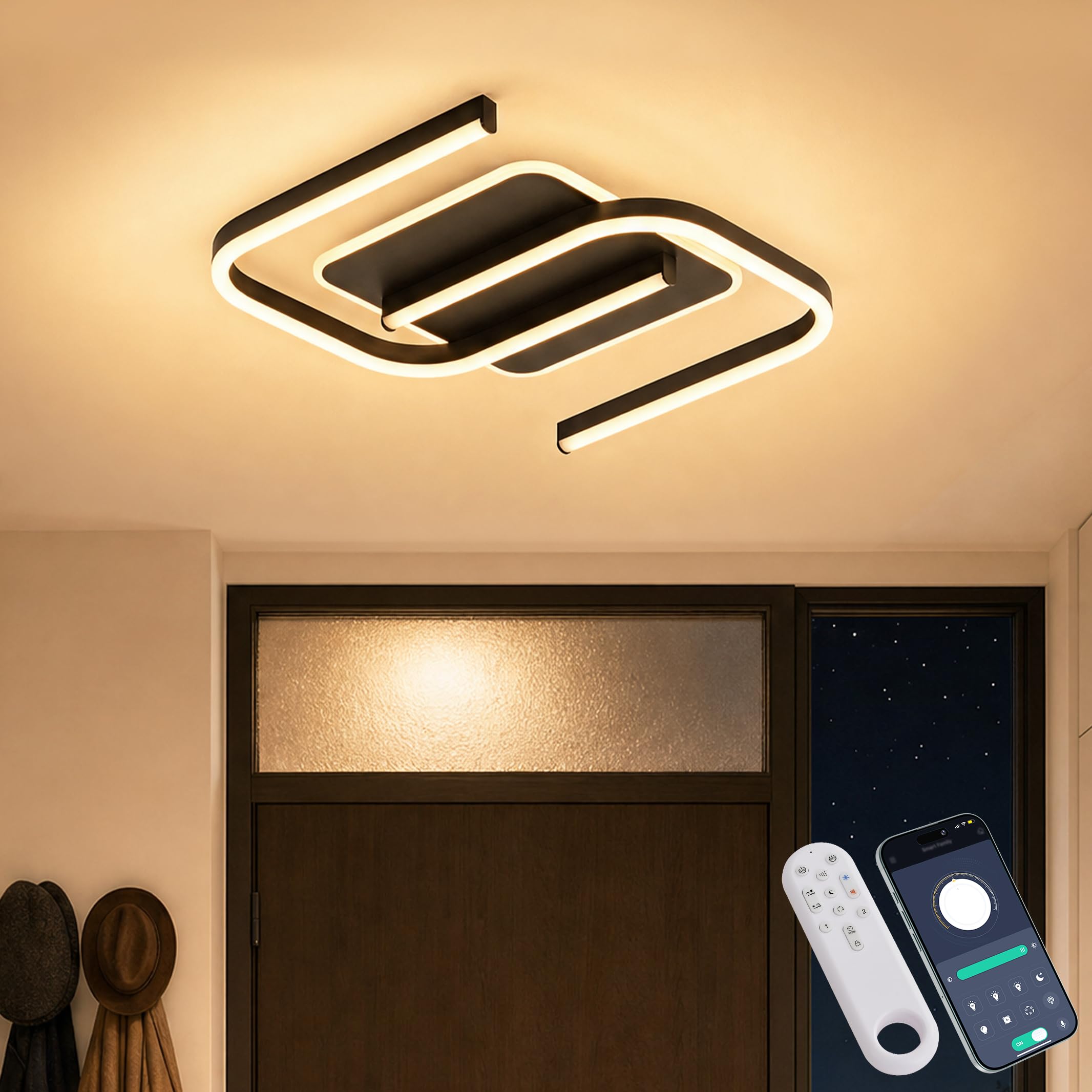 LED Deckenleuchte Dimmbar schwarz S-Form, 32W 40cm 3200lm mit Fernbedienung/Mobile APP, Farbtemperatur 3000-6000K, Helligkeit 3-32W, 3W Nachtlicht, Memory-Funktion, Für Wohnzimmer Schlafzimmer