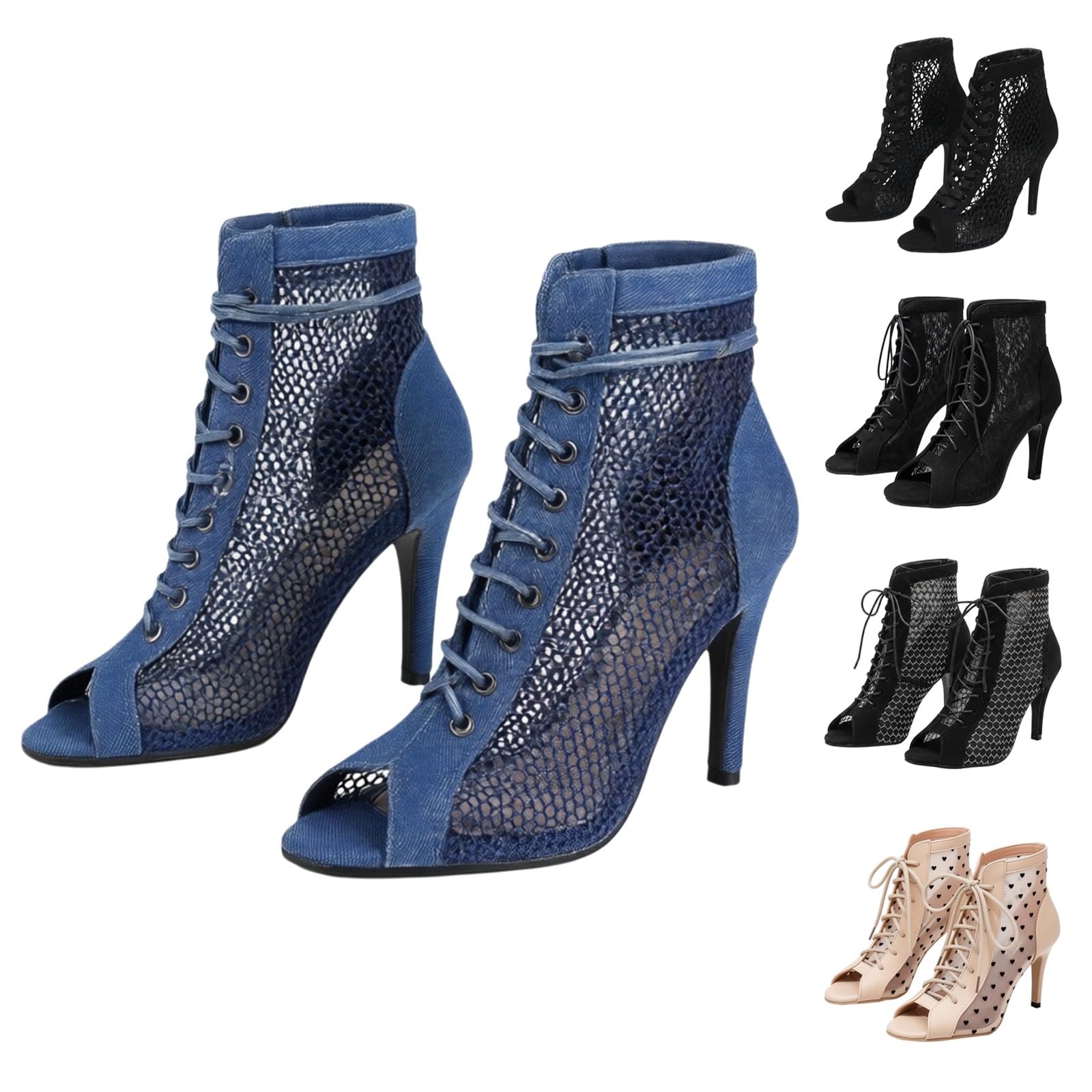 Bottines à Talon Fin pour Femme Sandales d'été en Toile avec Lacets et Motif cœur Bout Ouvert Respirantes pour soirée Rendez-Vous fête Usage spécial élégantes et Confortables
