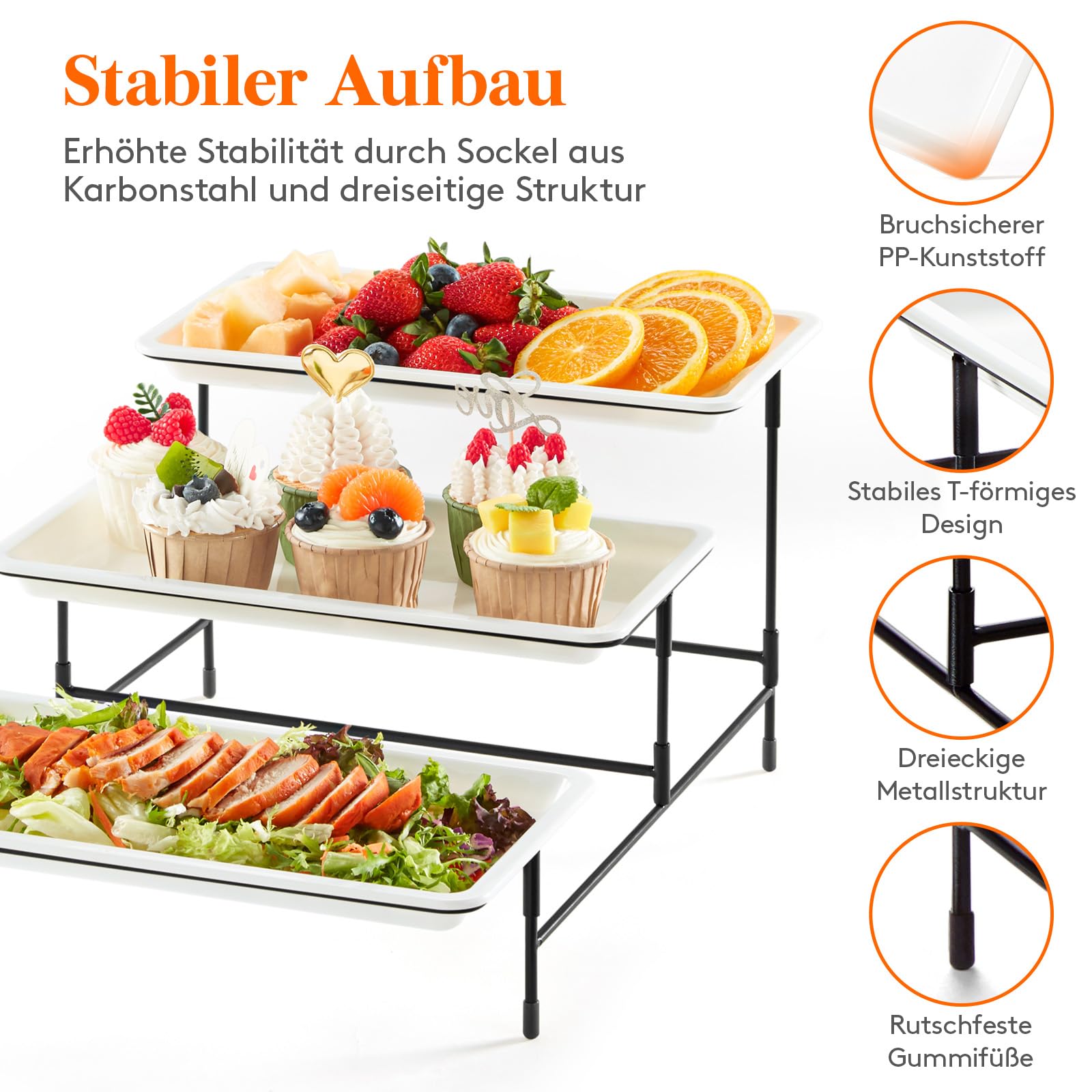 Lifewit Etagere 3 Etagen mit 30 x 17 cm Kunststoff Servierplatte, 3-stufiges Tablett Serviertablett Servierteller mit Klappbarer Schwarzem Metallregal, Buffet Party Zubehör für Gemüse/Obst/Kekse/Torte