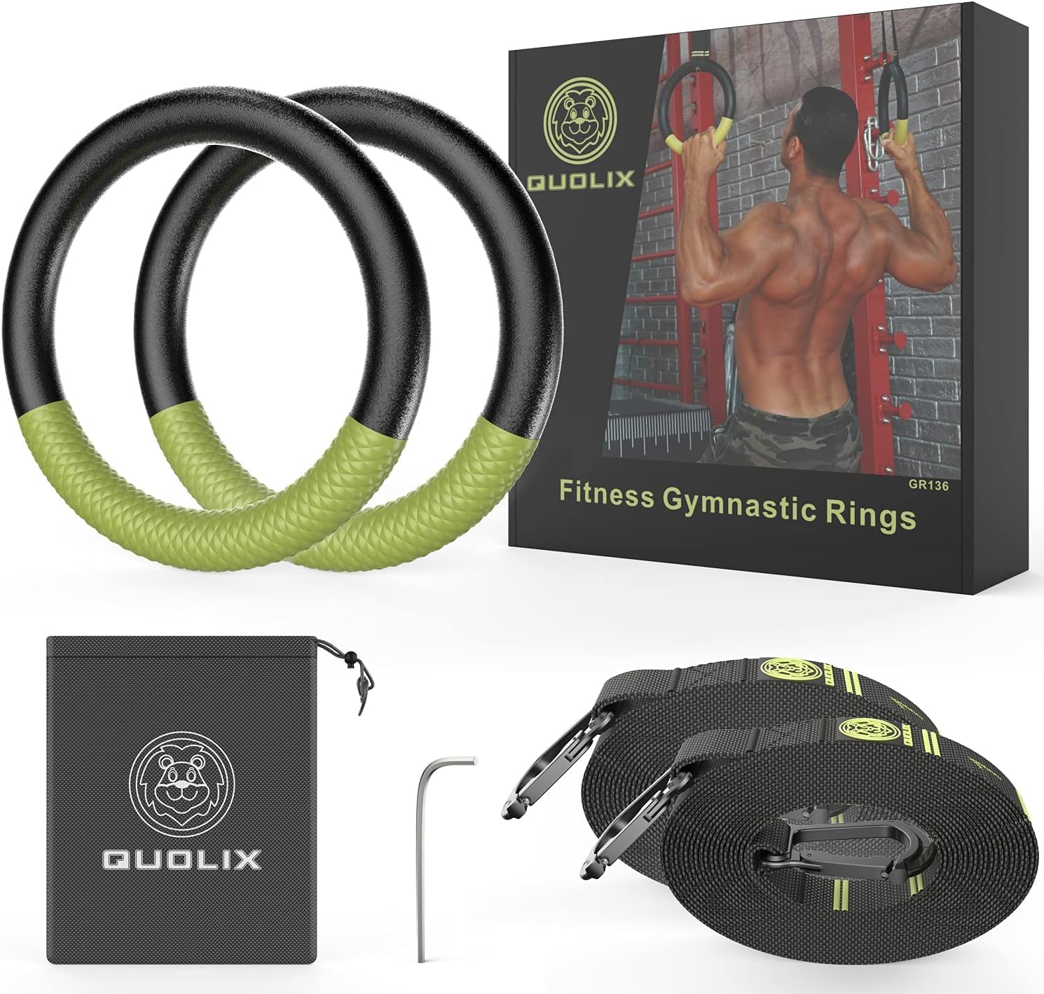- QUOLIX Gymnastic Rings with Adjustable Straps, Non-Slip Pull Up Rings with Straps, 1300lbs Exercise Rings with Straps for Home, Gymnastics Rings for Home Gym, Workout, Exercise, Training, Calisthenic