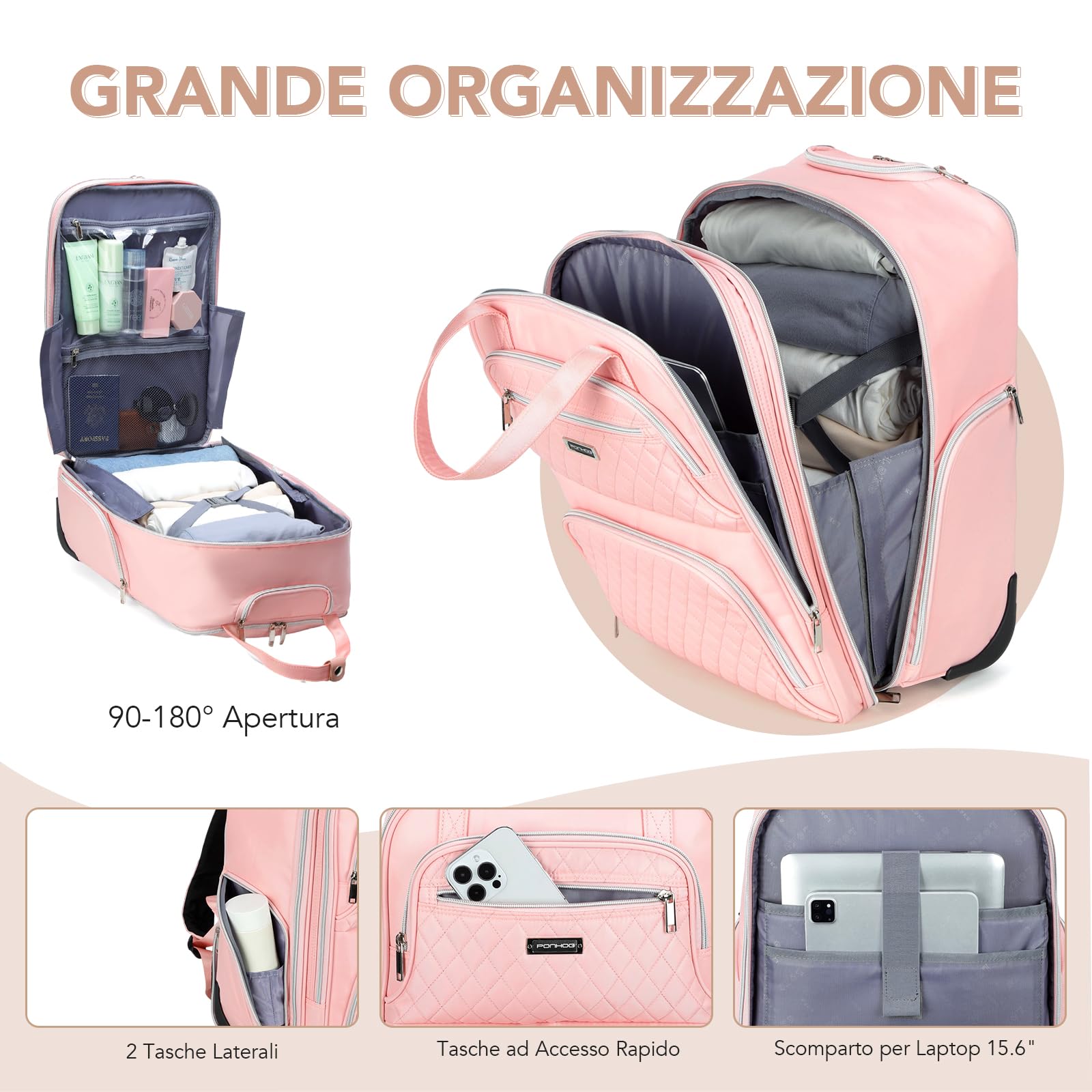 Ponhog Zaino Trolley Viaggio per PC Portatil da 15.6/16/17.3 Pollici, Zaino da Viaggio con Ruote Uomo e Donna, Zaino Trolley per Affari Università Viaggi Aereo