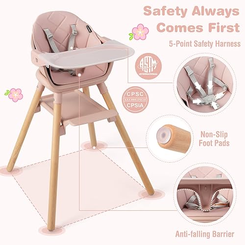 Miniatura 5 de BABY JOY Silla alta para bebé, silla alta convertible 6 en 1 de madera para bebés y niños pequeños con patas ajustables, doble bandeja extraíble,
