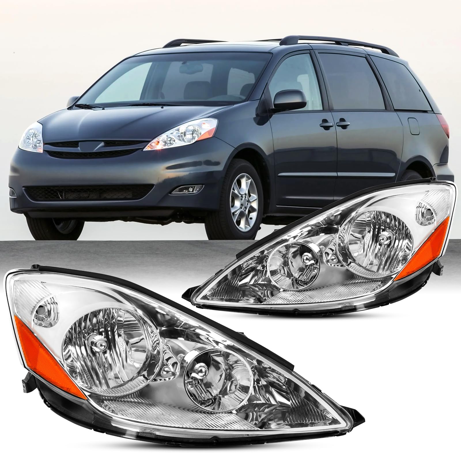 2PCS Halogen Headlight Assembly For Facelift 2006 2007 2008 2009 2010 Toyota Sienna CE LE XLE Limited Replacement Headlamp Passenger and Driver Side Chrome Housing Amber Reflector