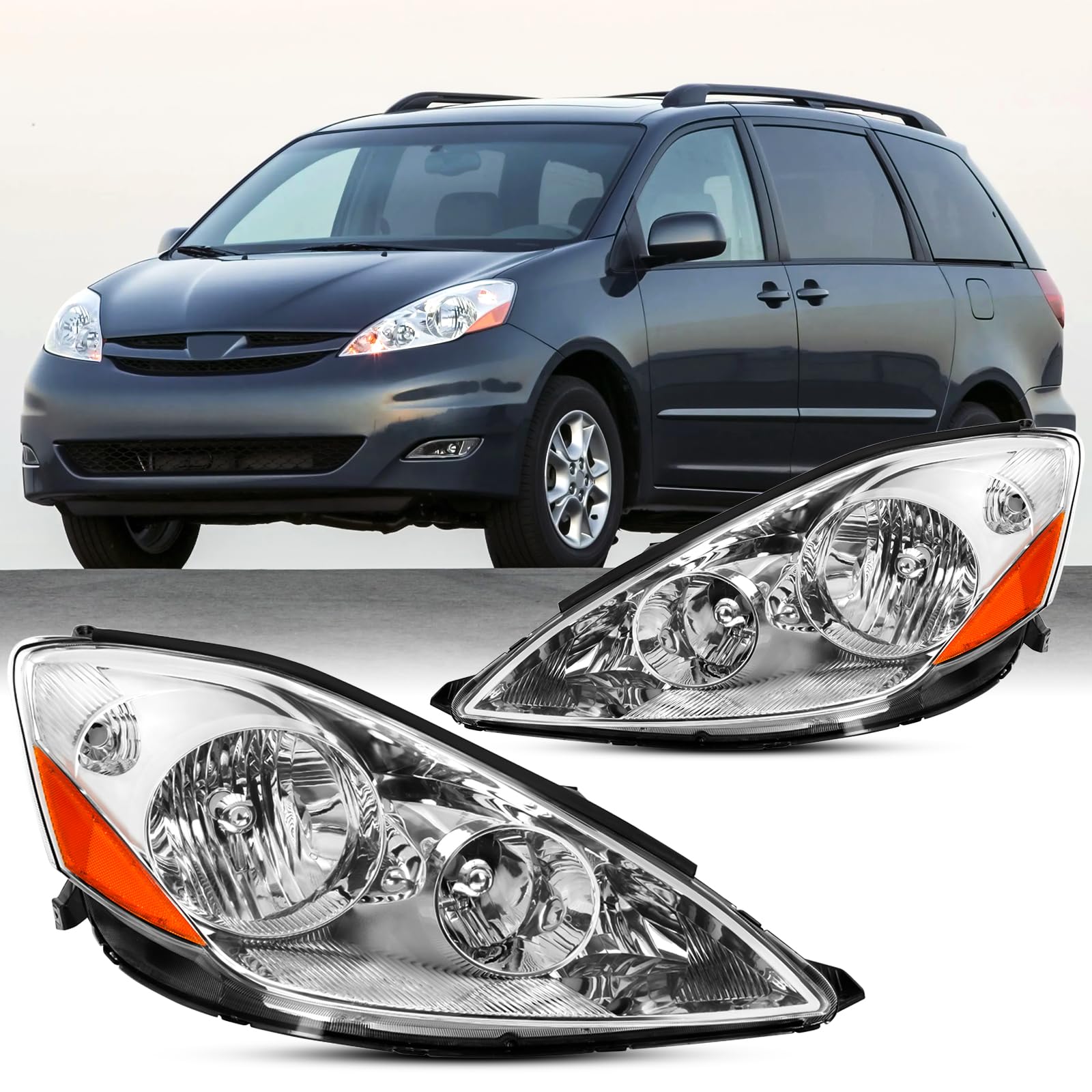 2PCS Halogen Headlight Assembly For Facelift 2006 2007 2008 2009 2010 Toyota Sienna CE LE XLE Limited Replacement Headlamp Passenger and Driver Side Chrome Housing Amber Reflector