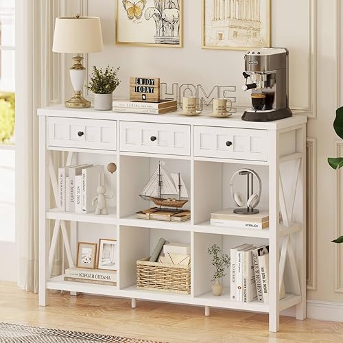 Miniatura 11 de FATORRI Organizador de almacenamiento de 6 cubos con estante, estantería larga de madera y metal, estantería horizontal industrial (roble blanco, 47