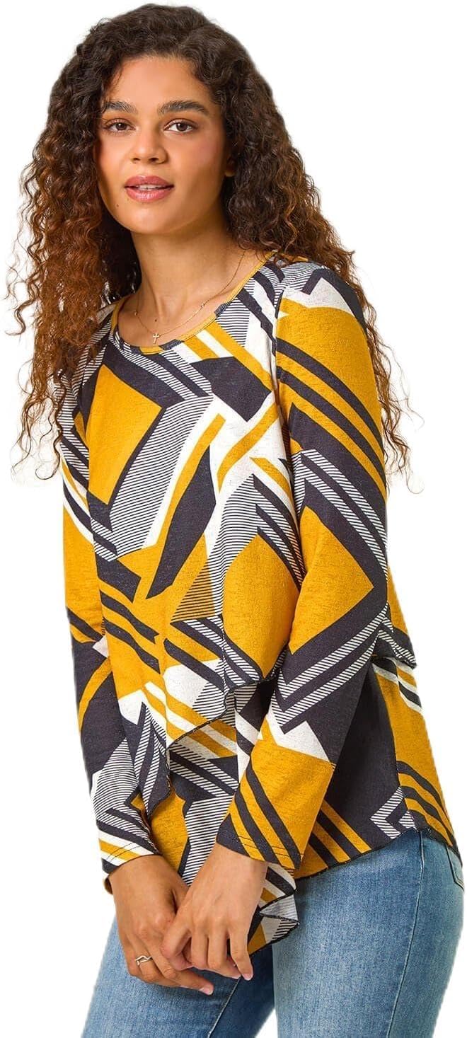 Roman Originals Women Hanky Hem Tunic Ladies Top Asymmetric Hemline Blouse Double Layer Mesh Overlay Jersey Stretchy Summer Spring Flattering 3/4 Sleeve Smart Casual Work