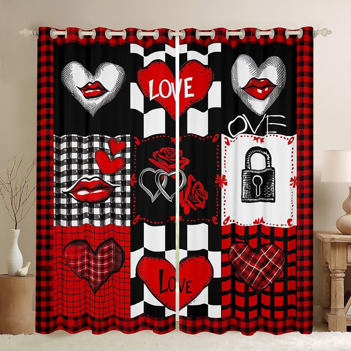Castle Fairy Rose Love Window Curtains Teens Adult Women,Valentine's Day Curtain for Bedroom,Red Black Grid Draperies for Living Room,Romantic Love Window Treatment Drapes Set of 2 Panels,42Wx84L